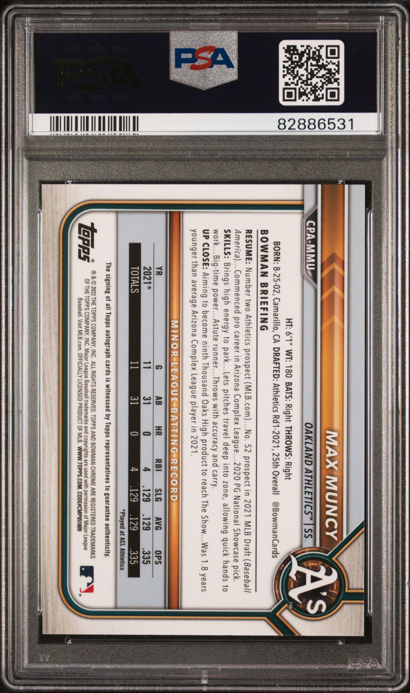 2022 Bowman Chrome Prospect Autographs Cpammu Max Muncy PSA 10