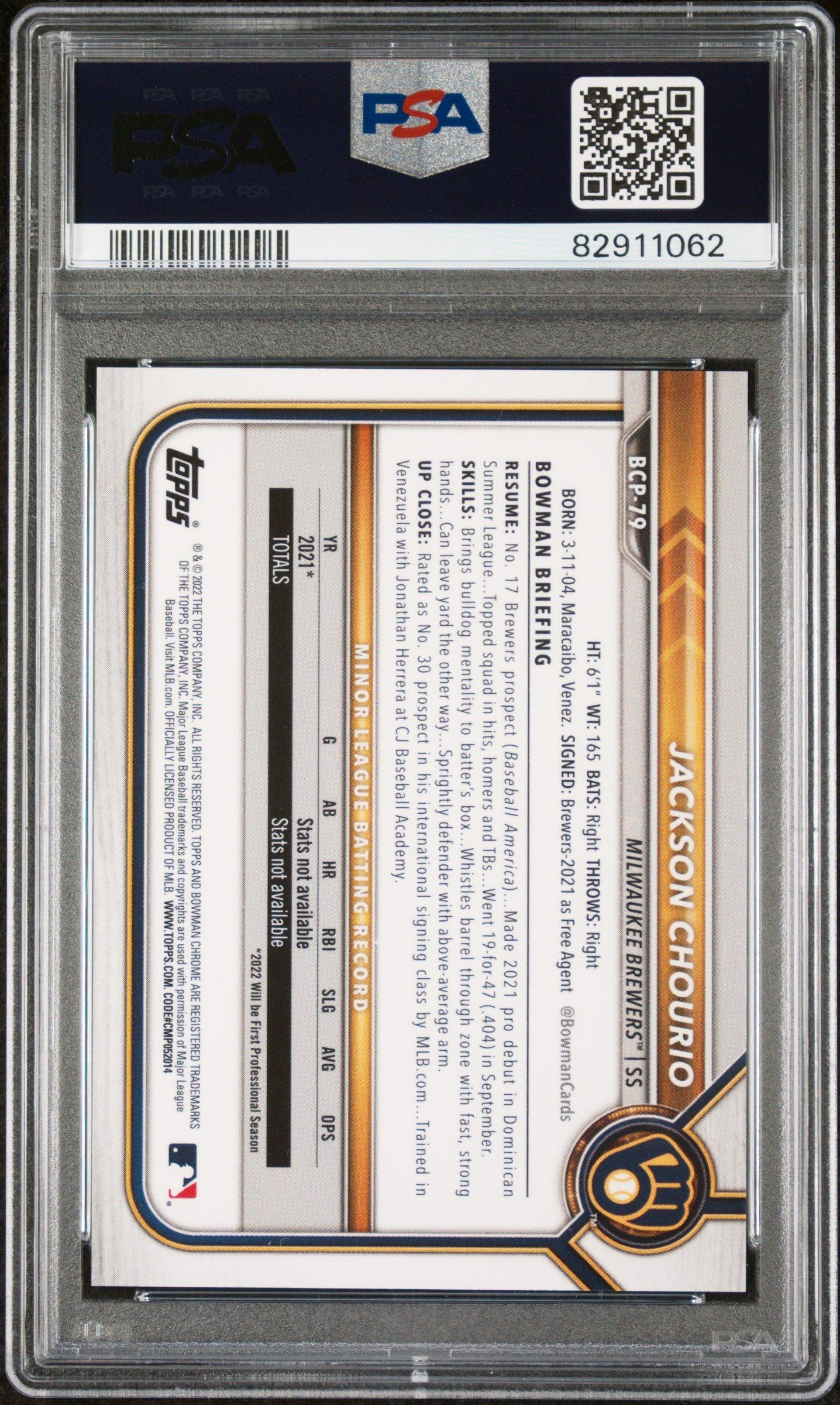 2022 Bowman Mega Box Chrome 79 Jackson Chourio Purple Refractor PSA 9