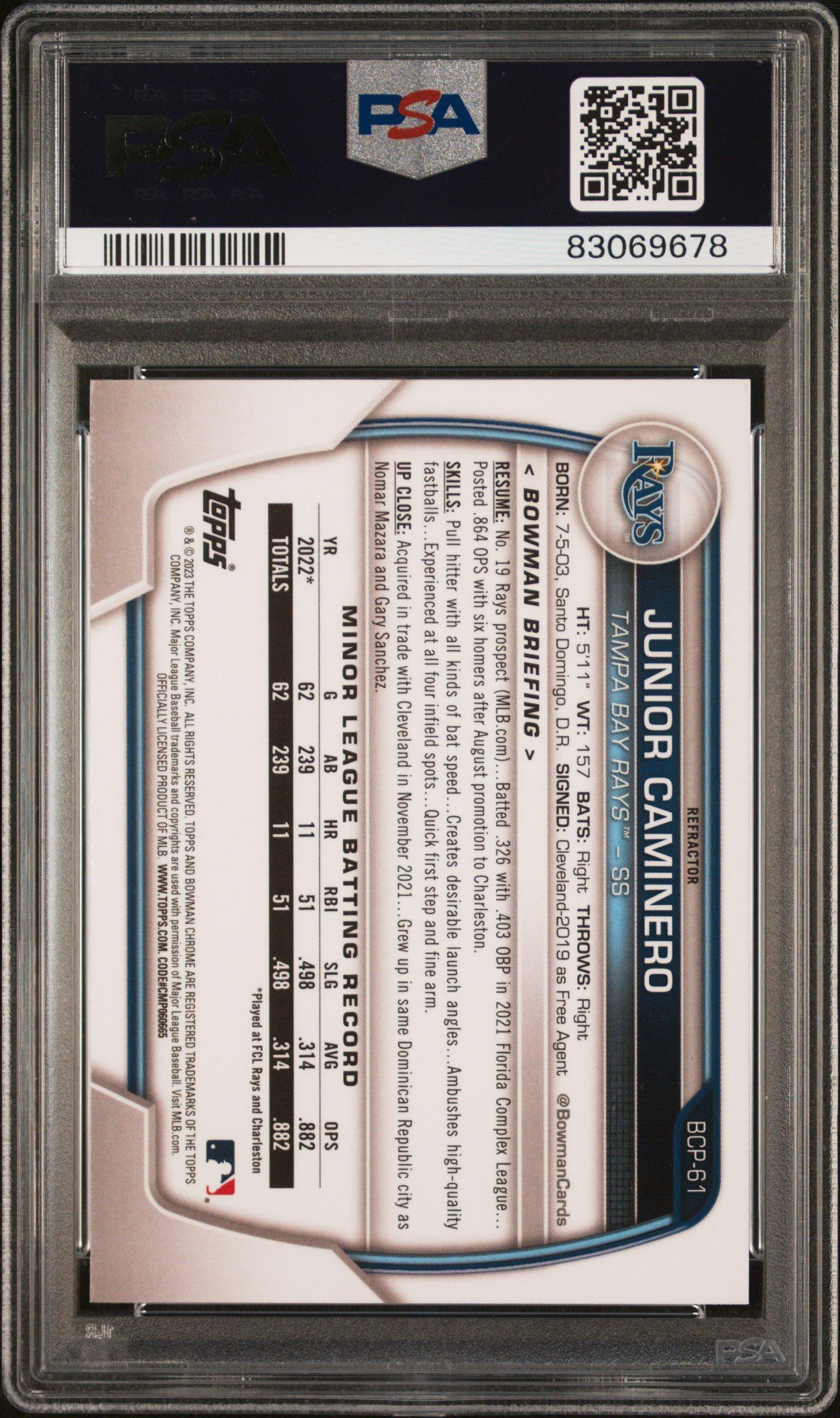 2023 Bowman Chrome Prospects Bcp61 Junior Caminero Lunar Glow Refractor PSA 10
