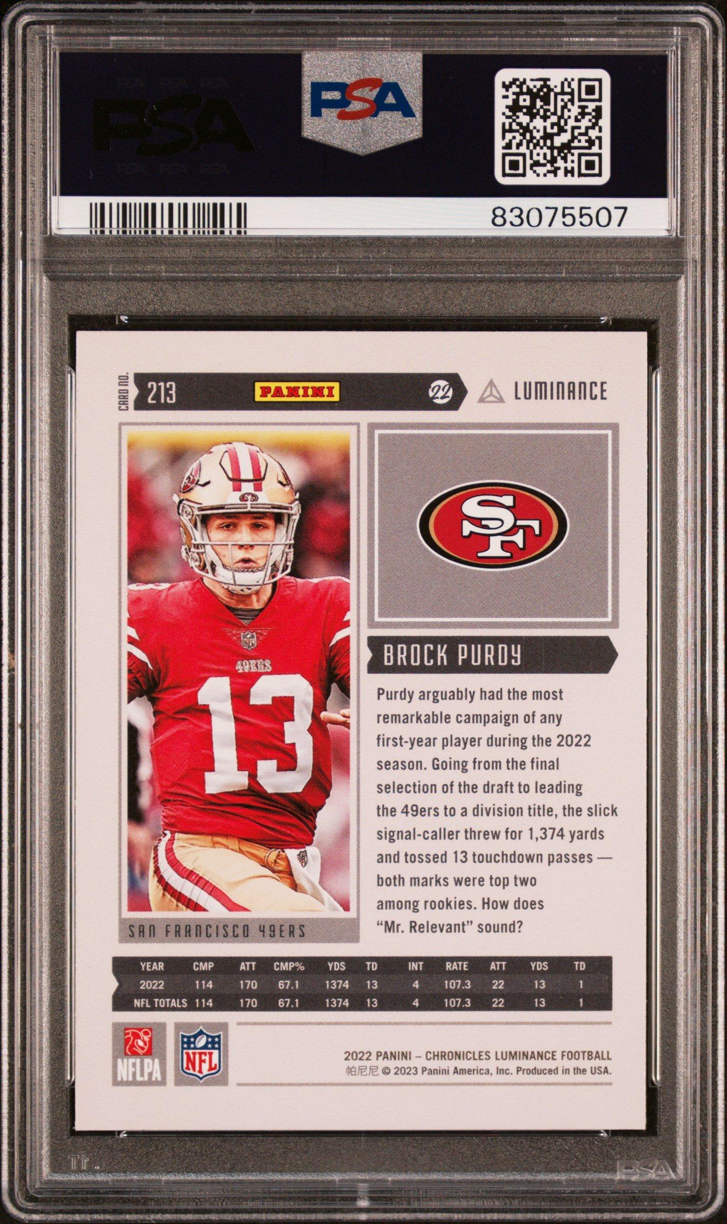 2022 Panini Chronicles Luminance Update Rookies 213 Brock Purdy PSA
