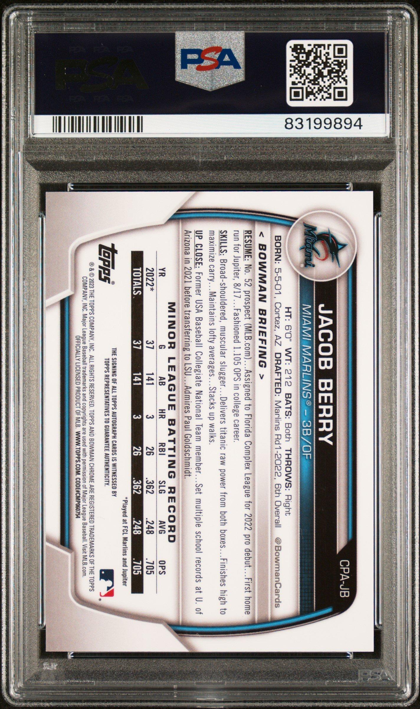 2023 Bowman Chrome Prospect Autographs Cpajb Jacob Berry PSA 10