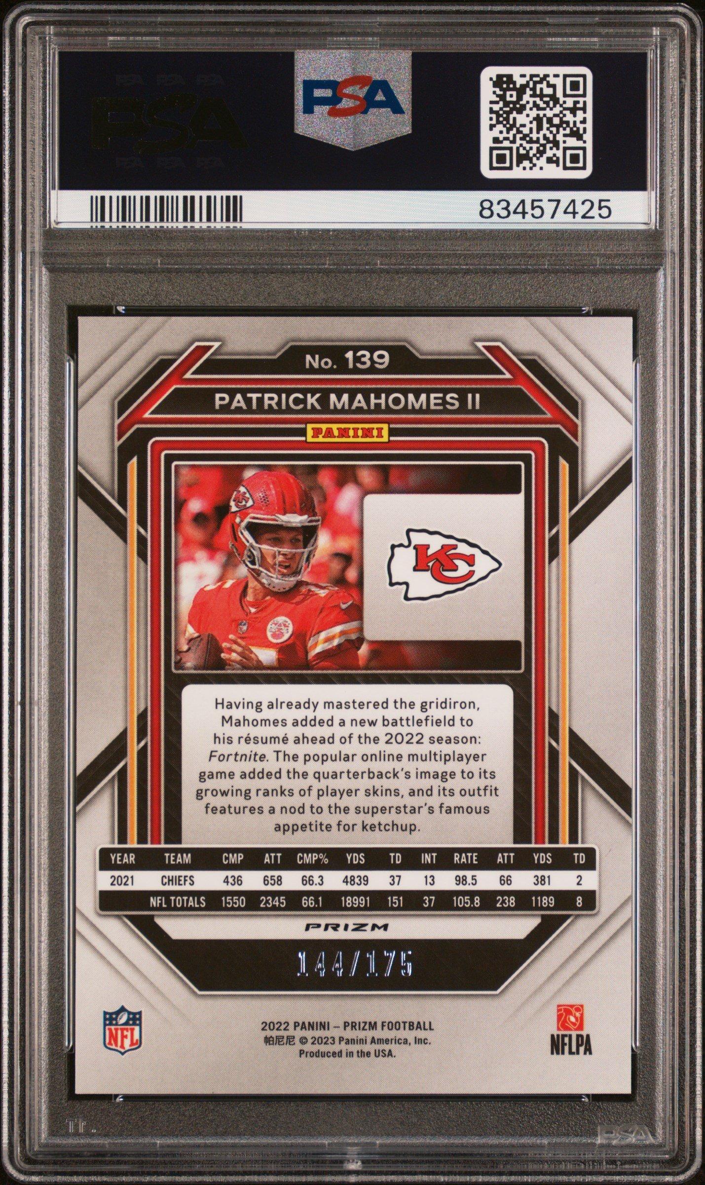 2022 Panini Prizm 139 Patrick Mahomes Ii Hyper Prizm PSA 10