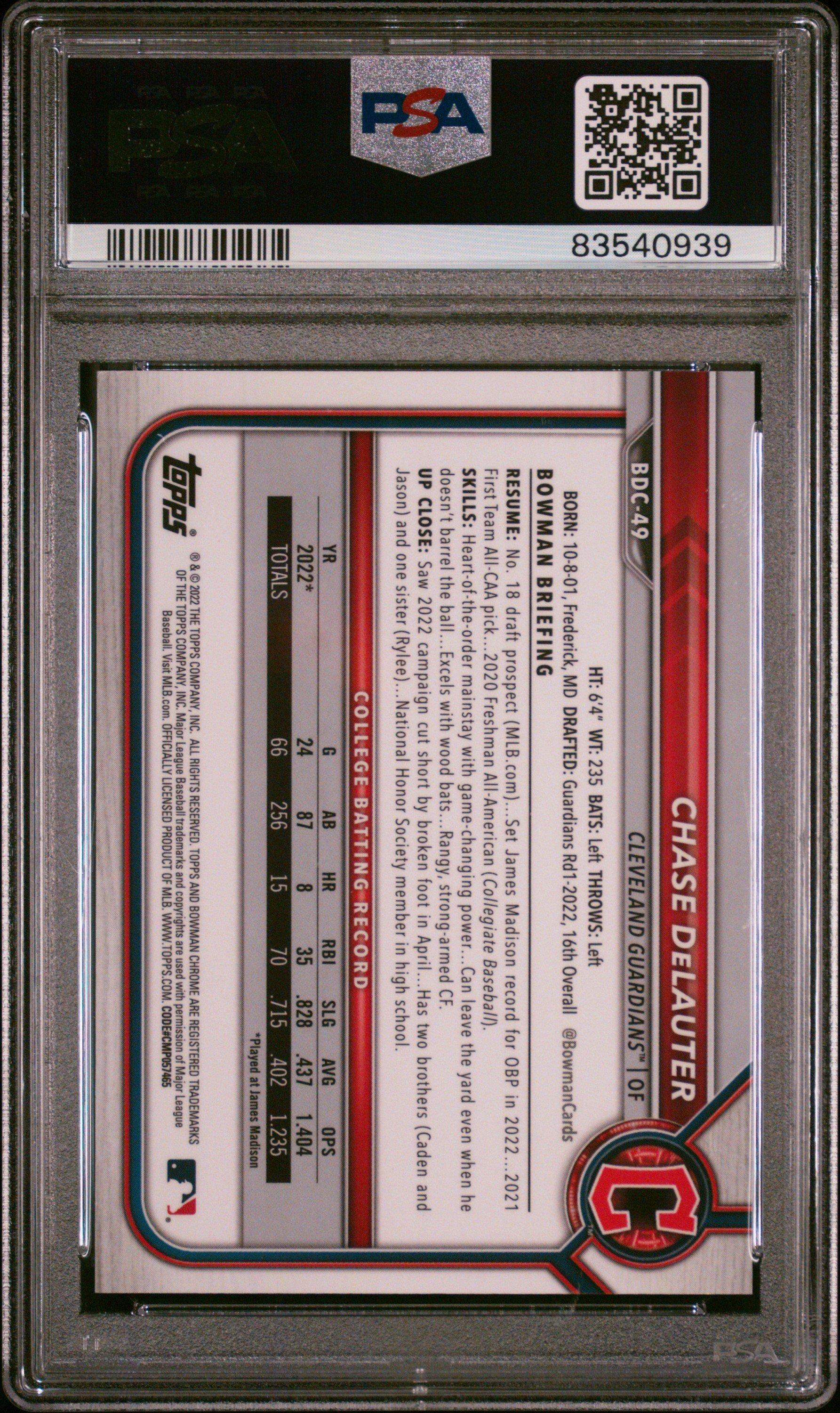 2022 Bowman Draft Chrome Sapphire Edition 49 Chase Delauter Yellow PSA 9