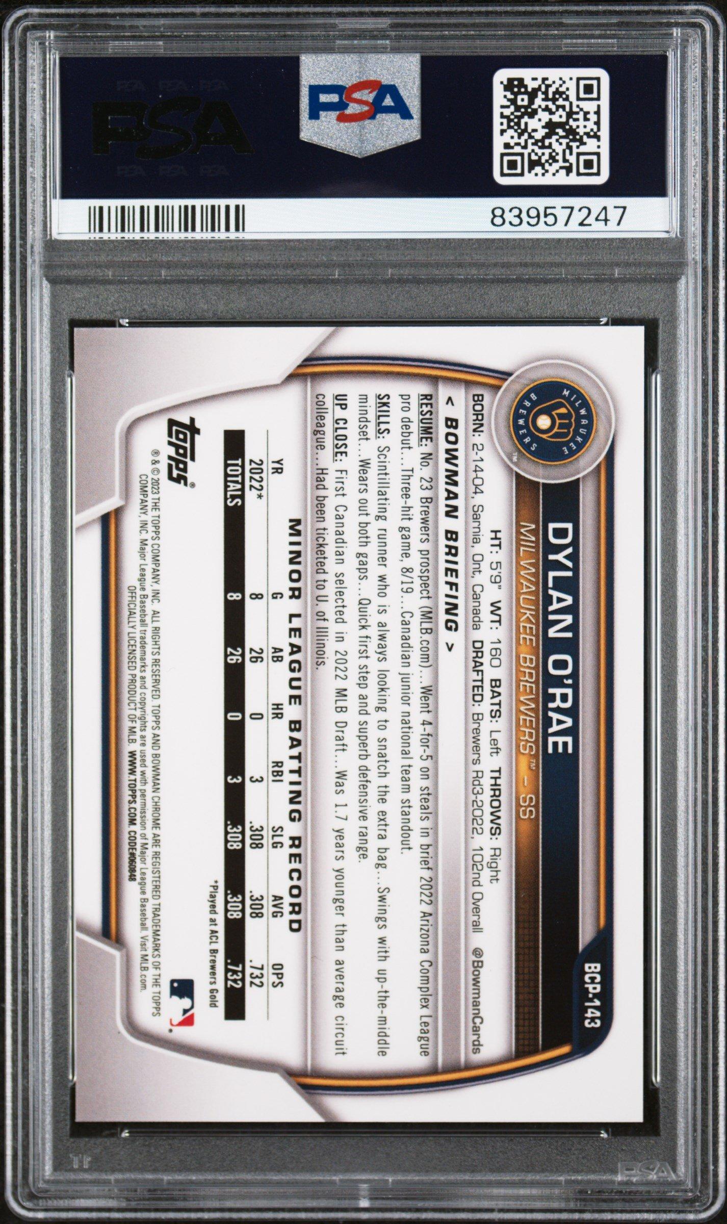 2023 Bowman Sapphire Edition Chrome Prospects Bcp143 Dylan O'rae Purple PSA 10