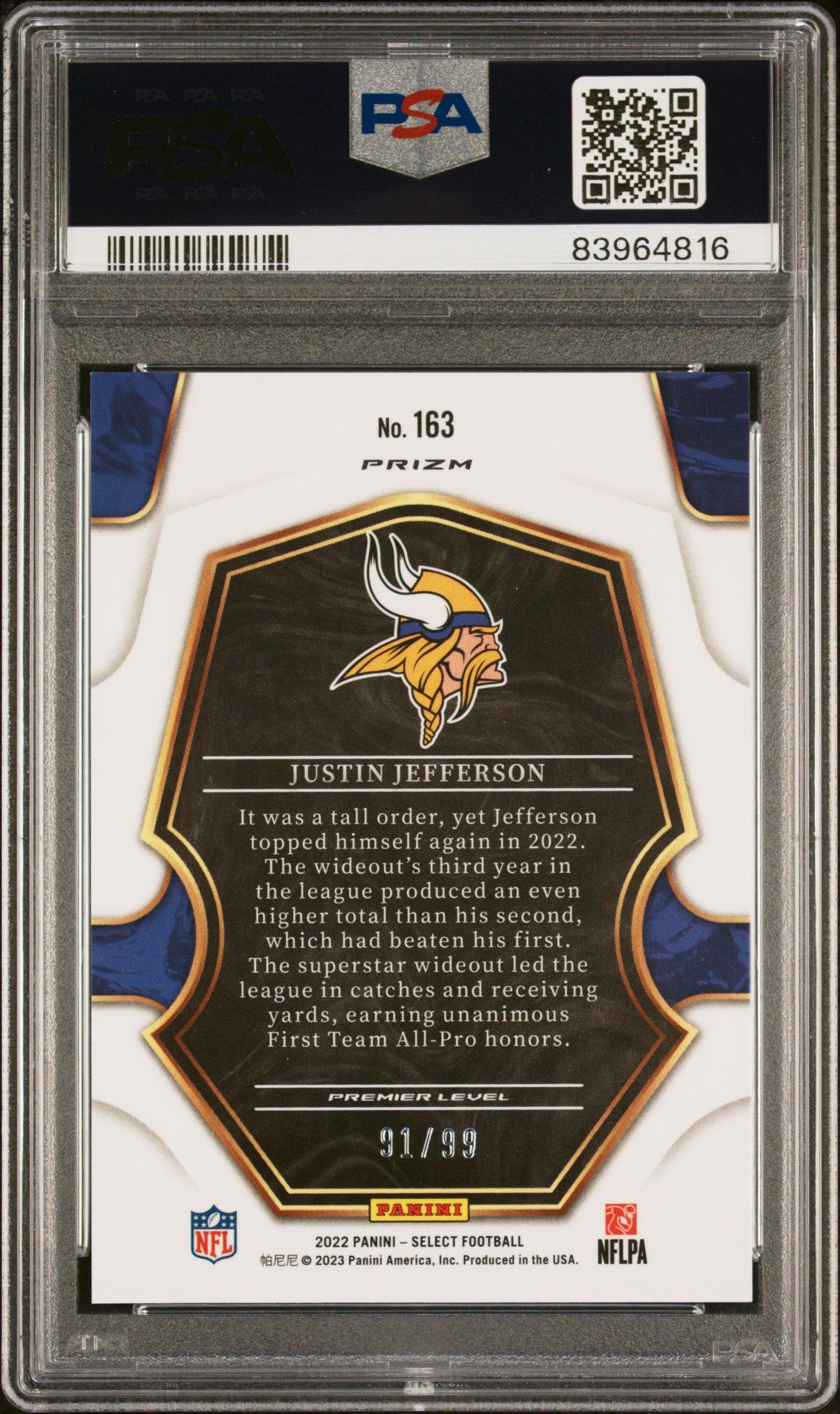 2022 Panini Select 163 Justin Jefferson Light Blue Prizm PSA 10