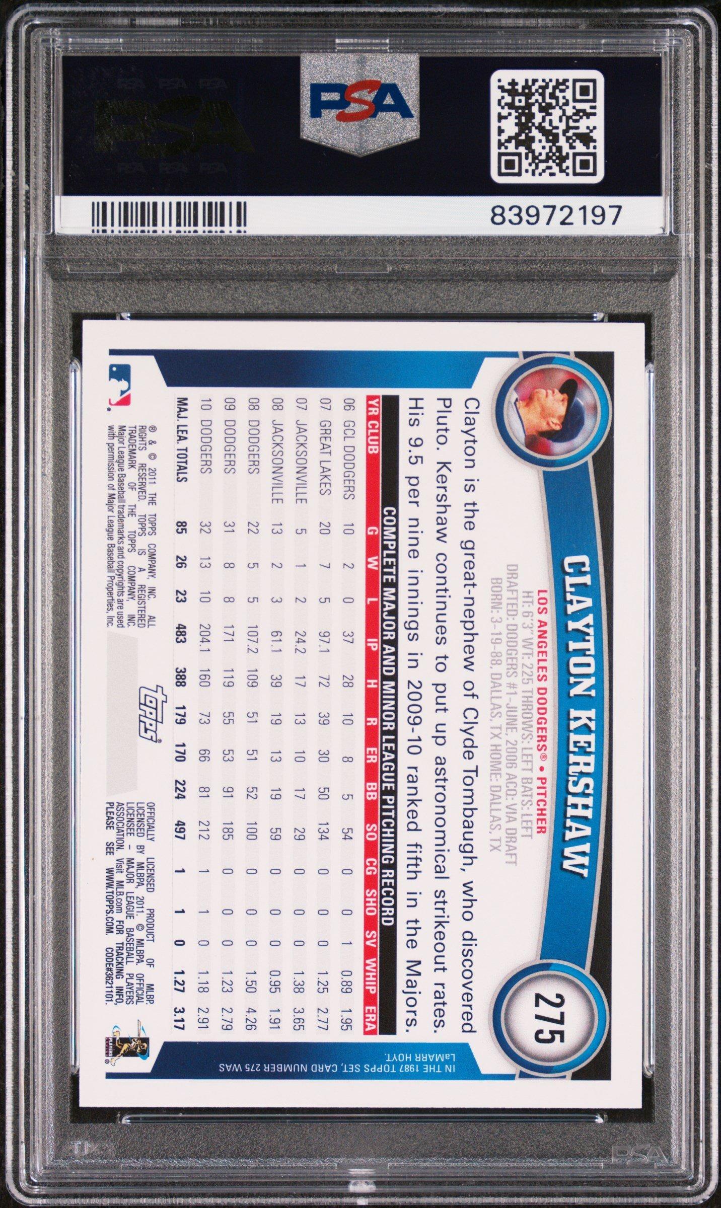 2011 Topps 275 Clayton Kershaw Cognac Diamond Anniversary PSA 10