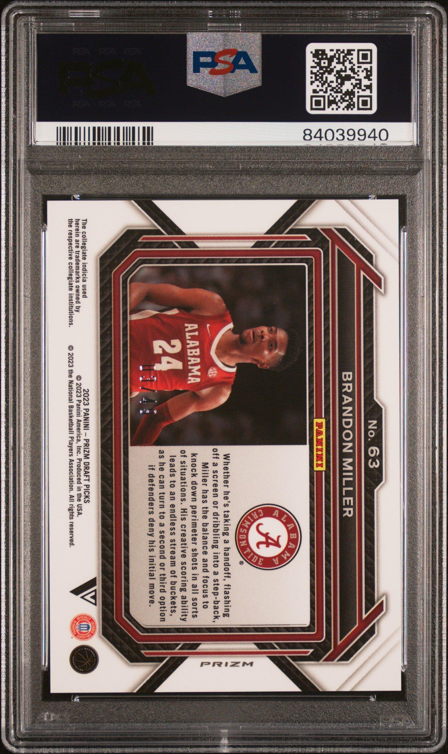2023 Panini Prizm Draft Picks 63 Brandon Miller Variation-orange Pulsar PSA 10