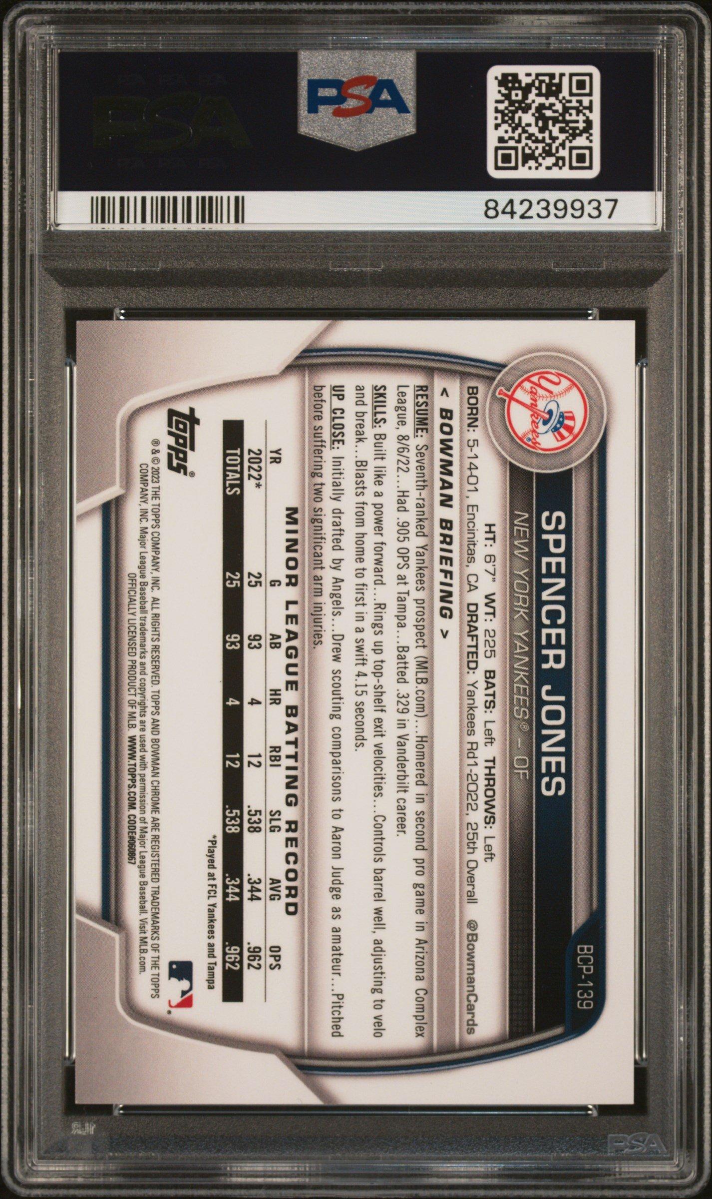 2023 Bowman Mega Box Chrome 139 Spencer Jones Gold Refractor PSA 9