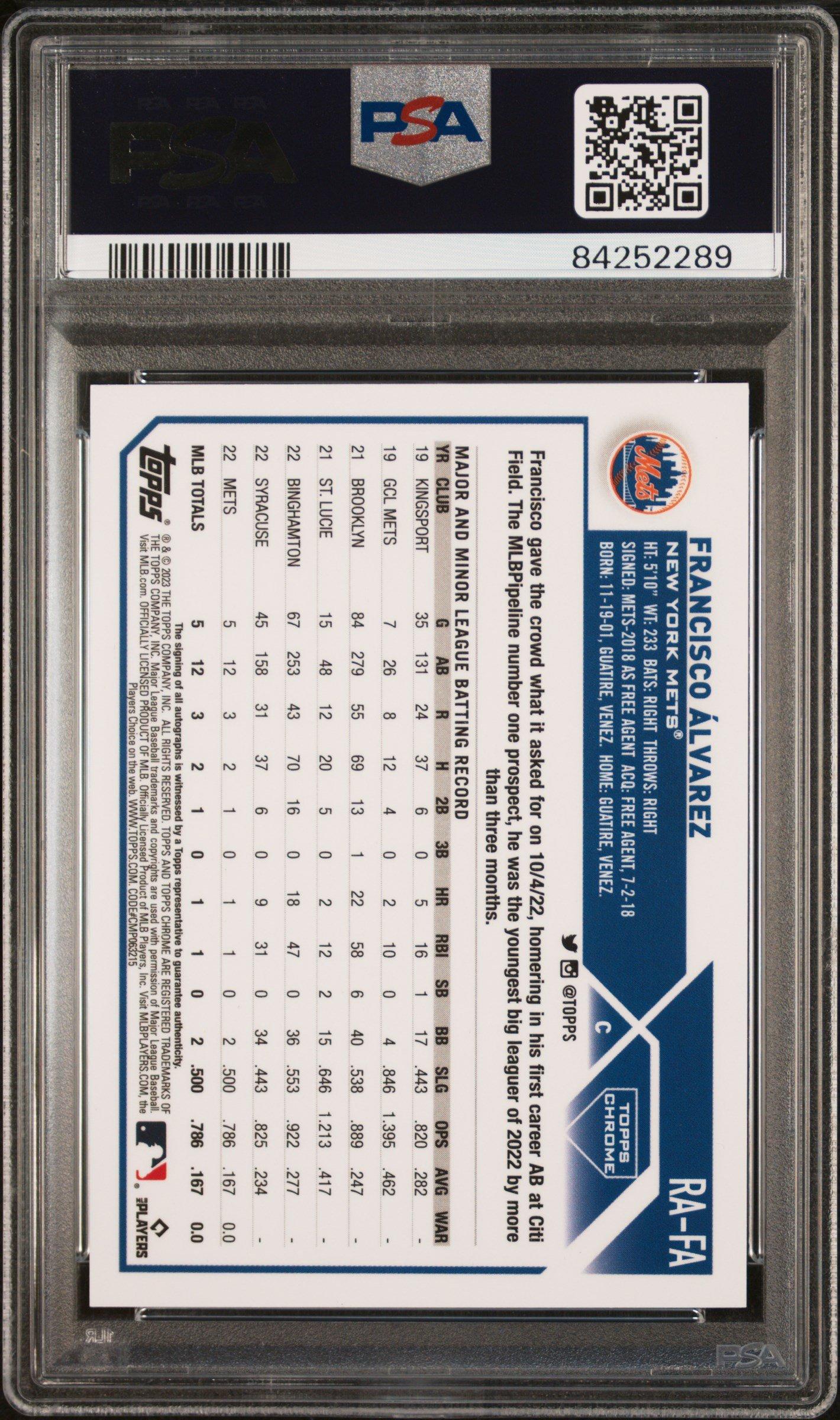 2023 Topps Chrome Rookie Autograph Rafa Francisco Alvarez PSA 10