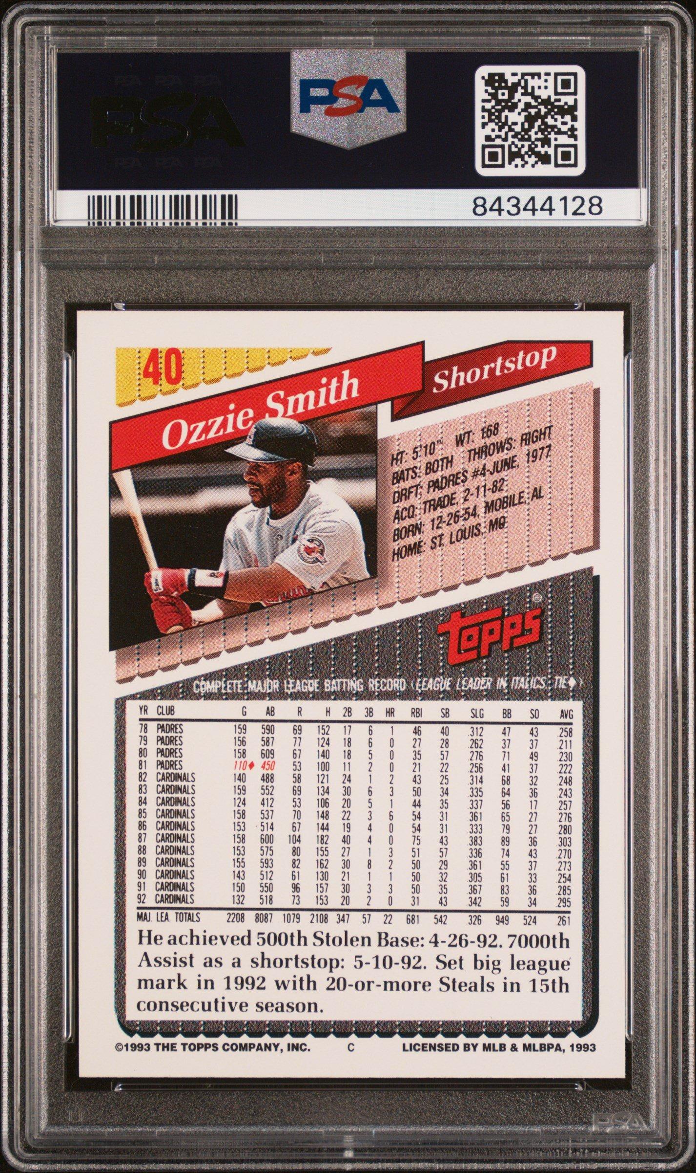1993 Topps 40 Ozzie Smith Fla. Marlins Inaugural PSA 10