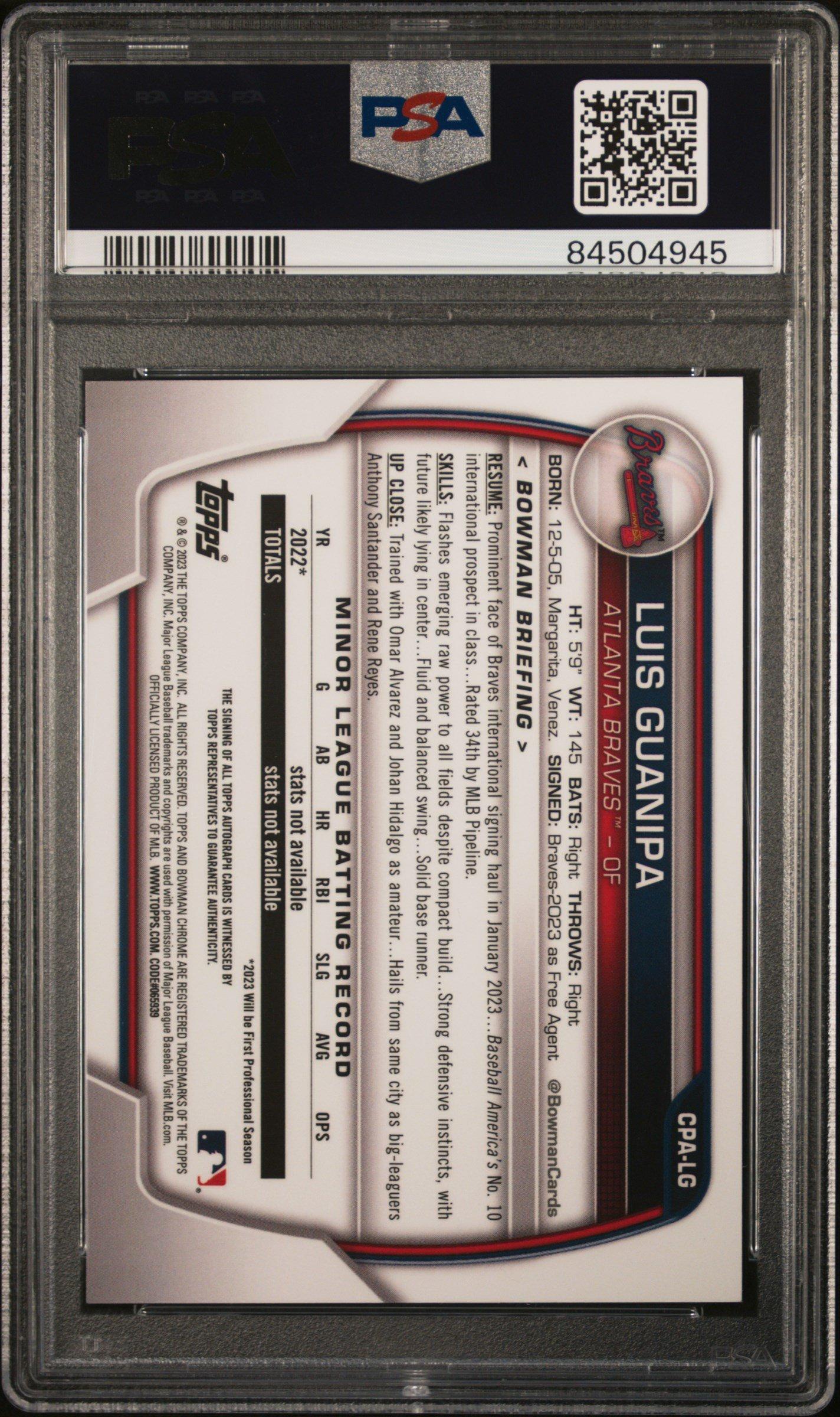 2023 Bowman Chrome Prospect Autographs Cpalg Luis Guanipa PSA 10