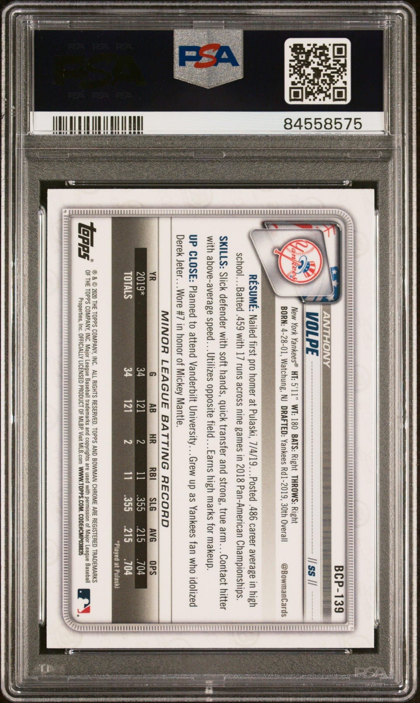 2020 Bowman Chrome Mega Box Bcp139 Anthony Volpe PSA 10 Graded 