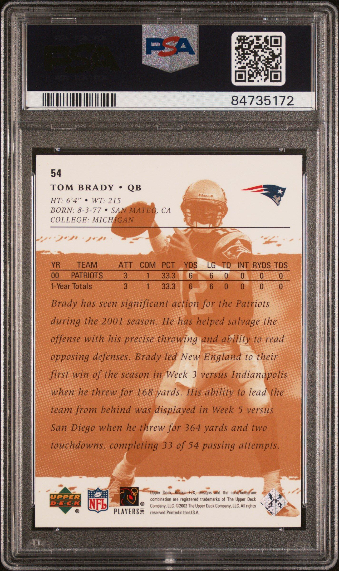 2001 Upper Deck Rookie F/x 54 Tom Brady PSA 8