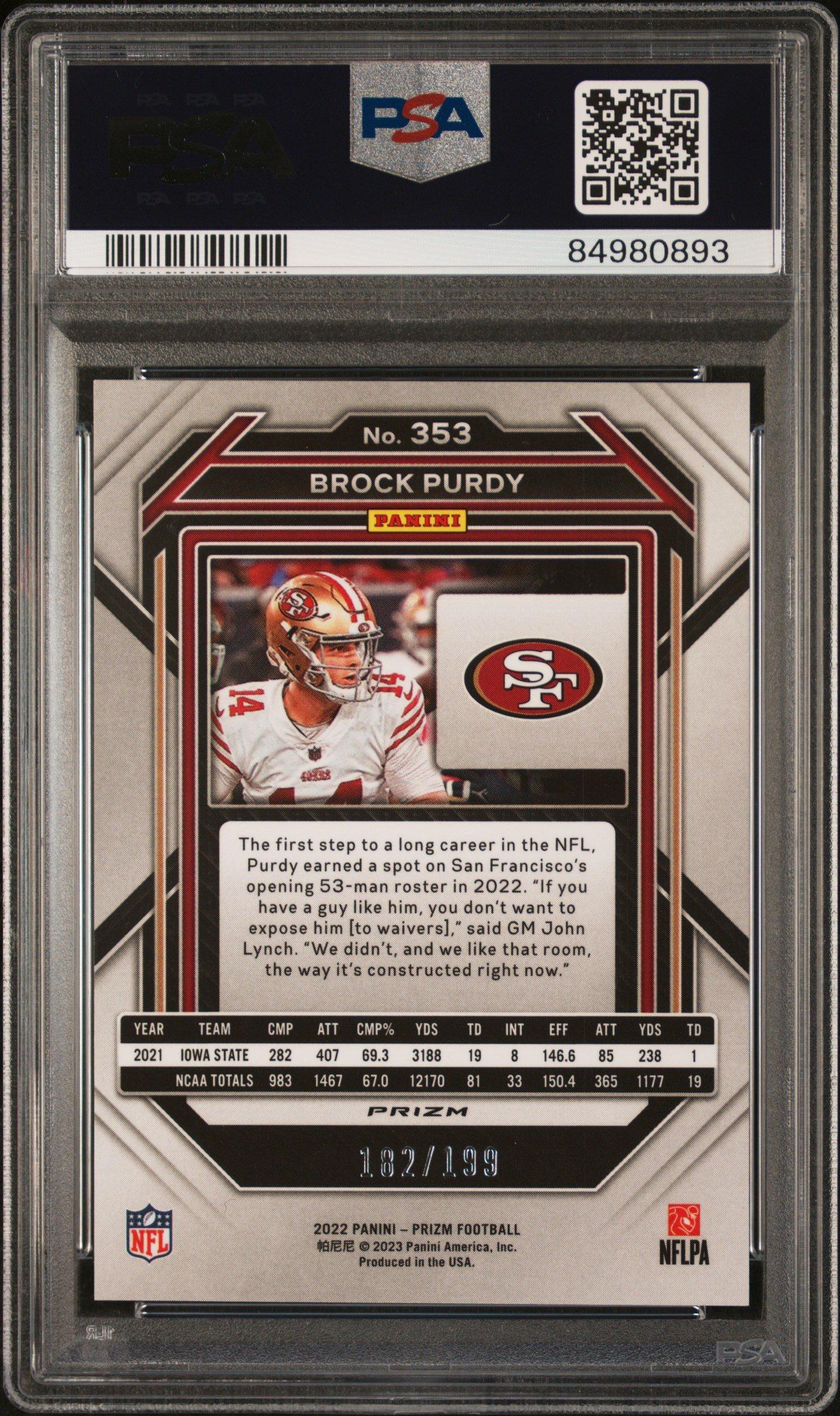 2022 Panini Prizm 353 Brock Purdy Blue Wave PSA 9