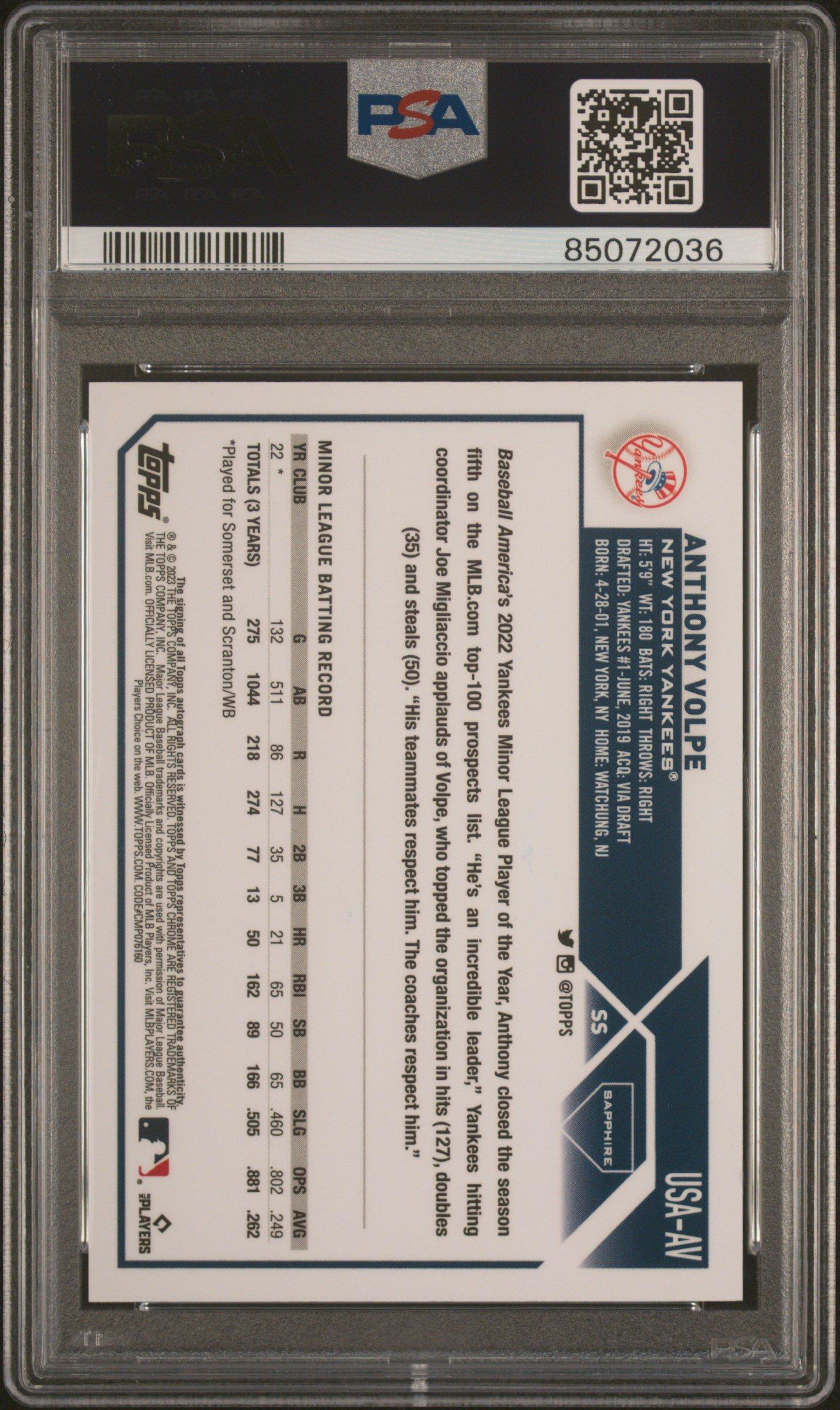 2023 Topps Chrome Update Sapphire Edition Autograph Av Anthony Volpe PSA 8