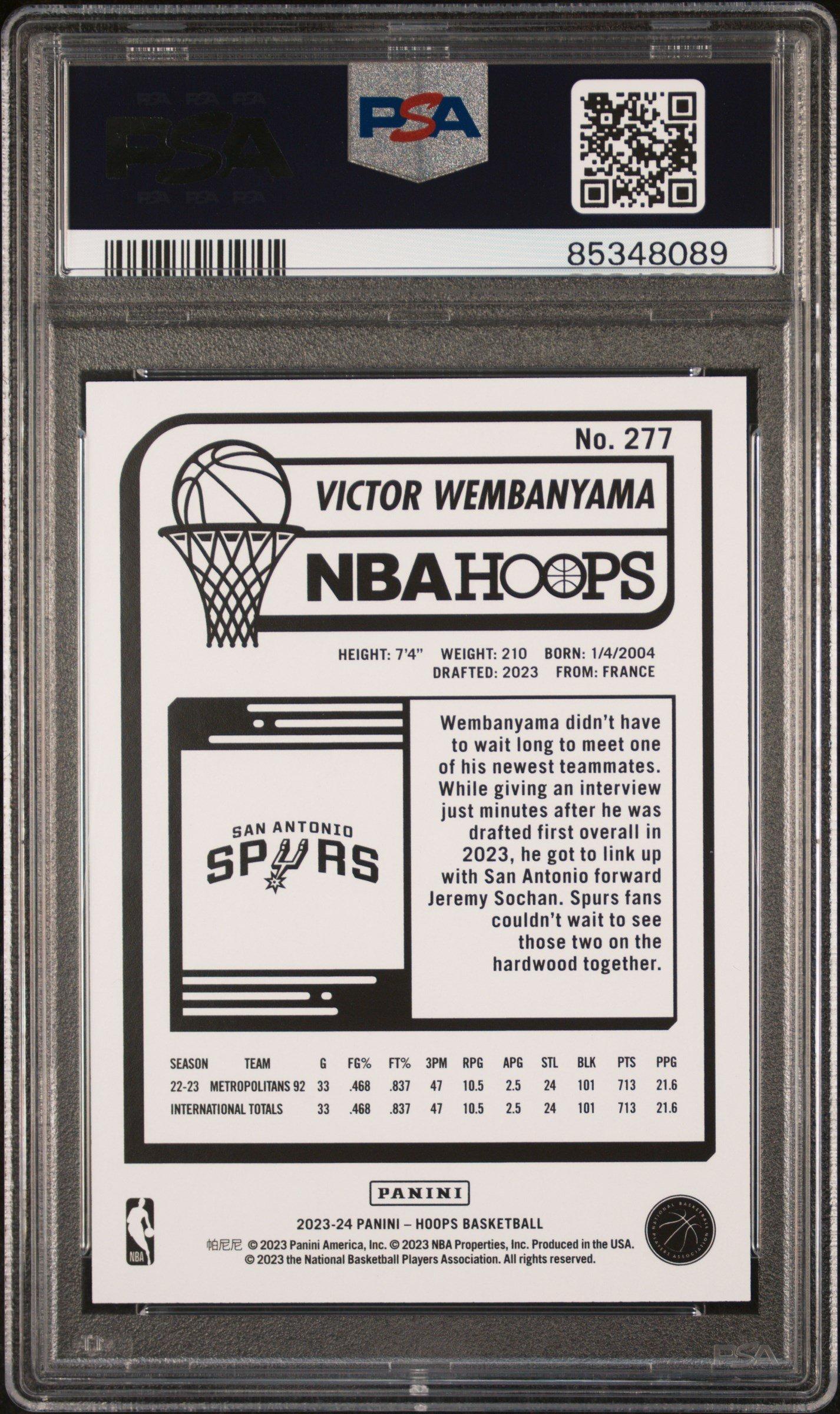 2023 Panini Nba Hoops 277 Victor Wembanyama PSA 10