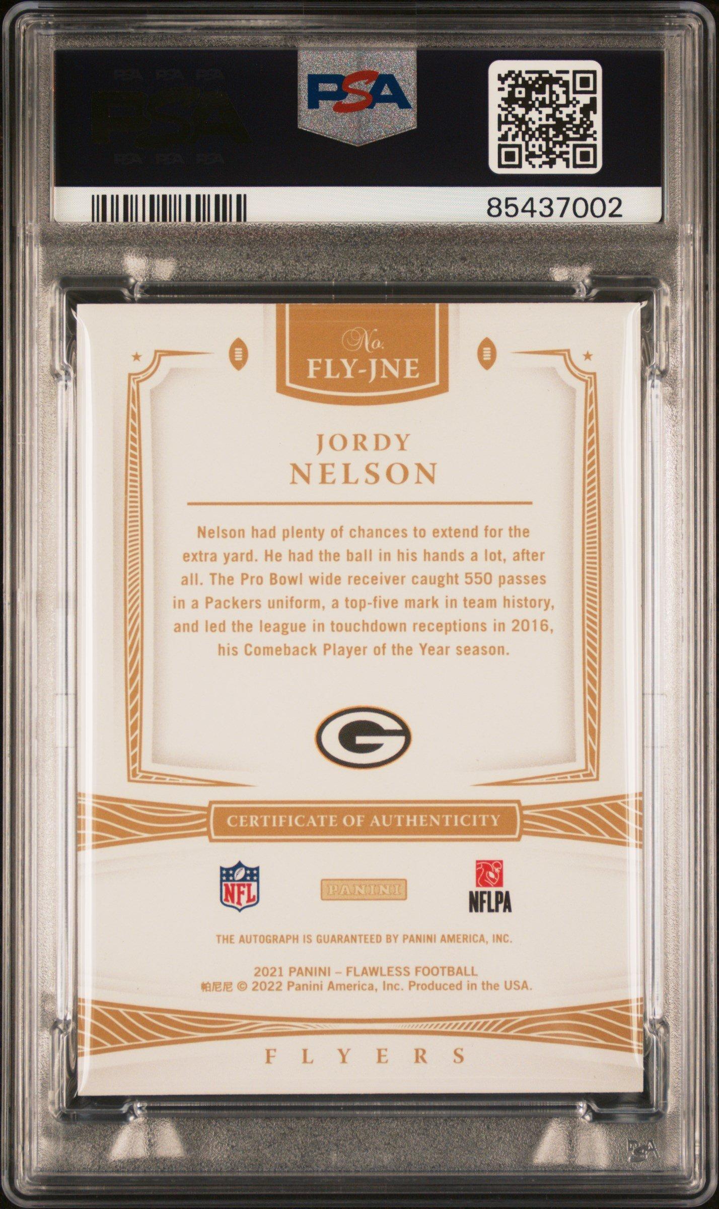 2021 Panini Flawless Flawless Flyers Autographs Flyjne Jordy Nelson Emerald PSA 9