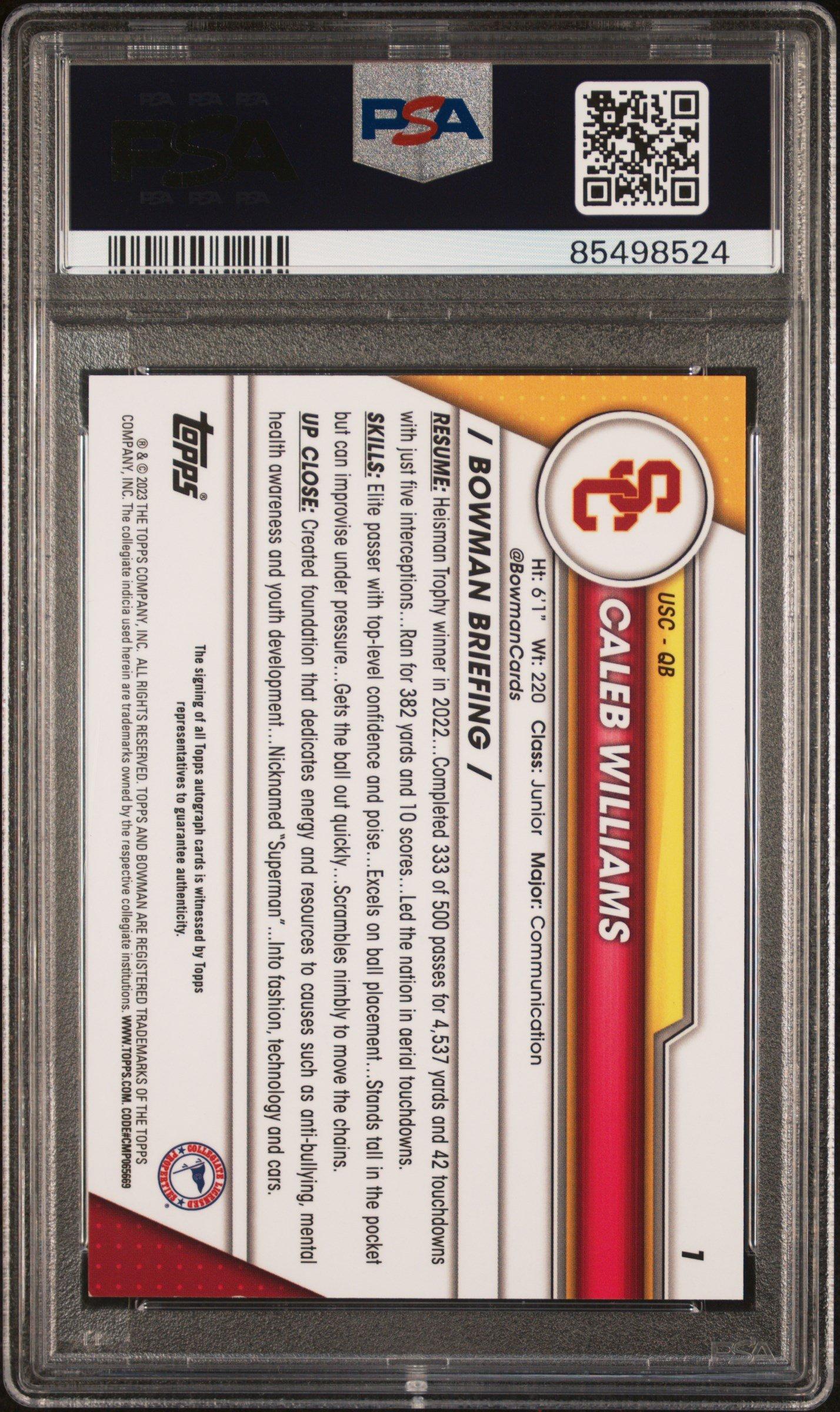 2023 Bowman University Chrome 1 Caleb Williams Autograph PSA 9