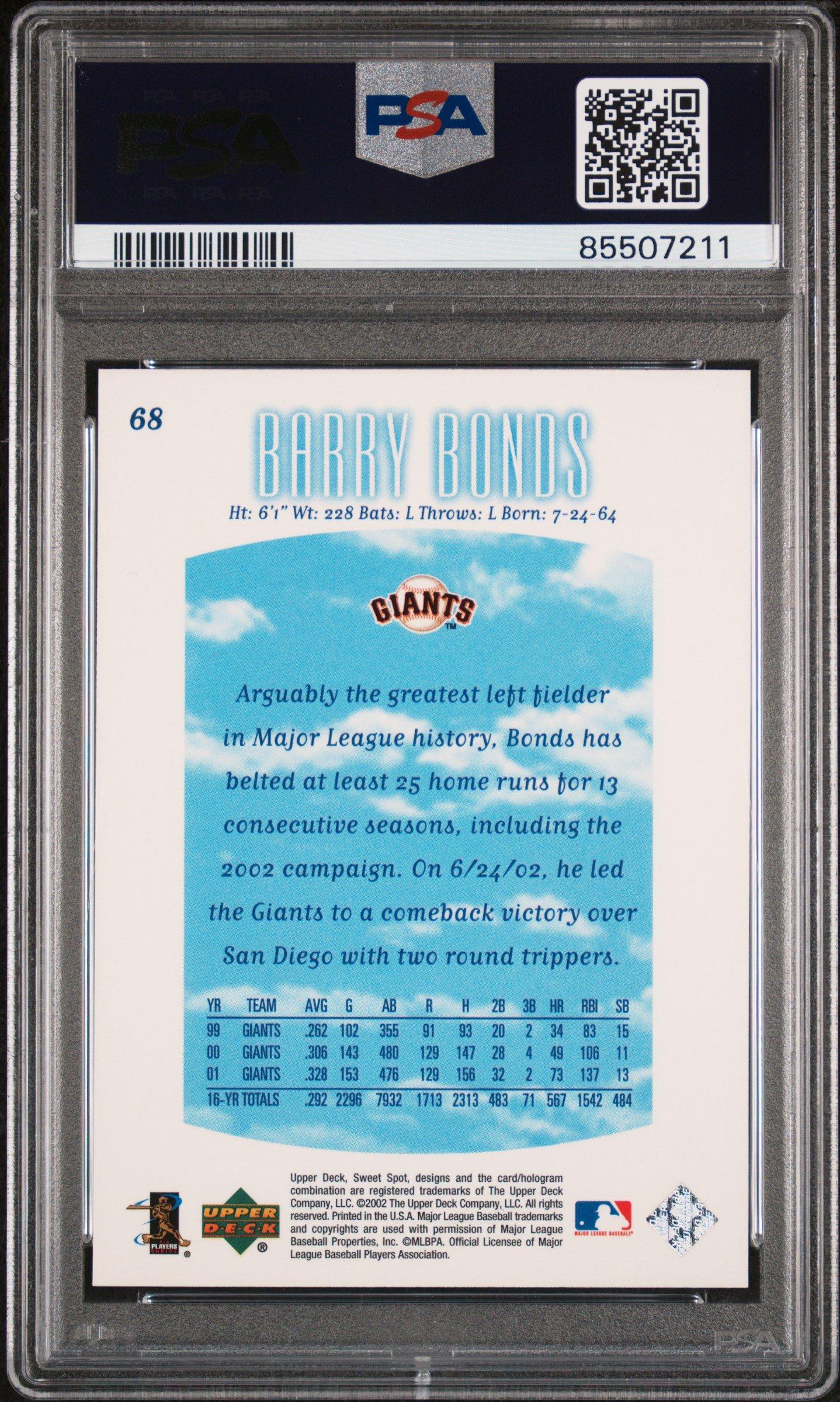 barry bonds holographic card 2002 Upper Deck Sweet Spot 68 PSA 10 Graded The Essential Barry Bonds Baseball