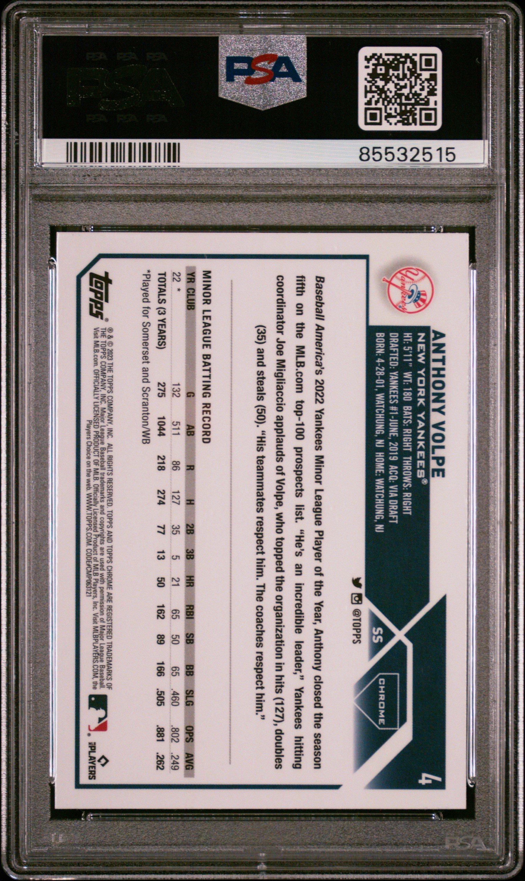 2023 Topps Chrome 4 Anthony Volpe PSA 10
