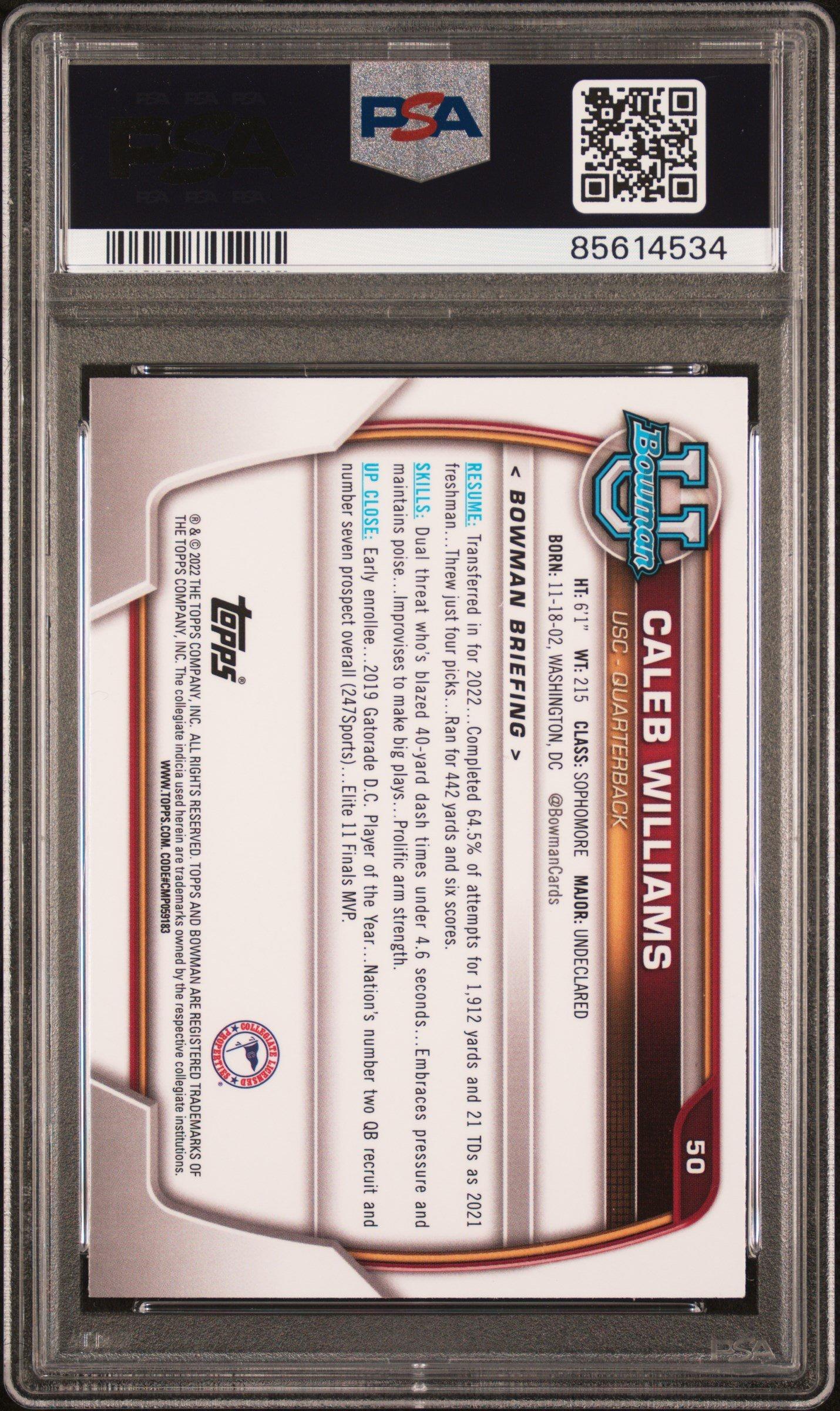 2022 Bowman University Chrome Prospects 50 Caleb Williams Purple Shimmer Refractor PSA 9