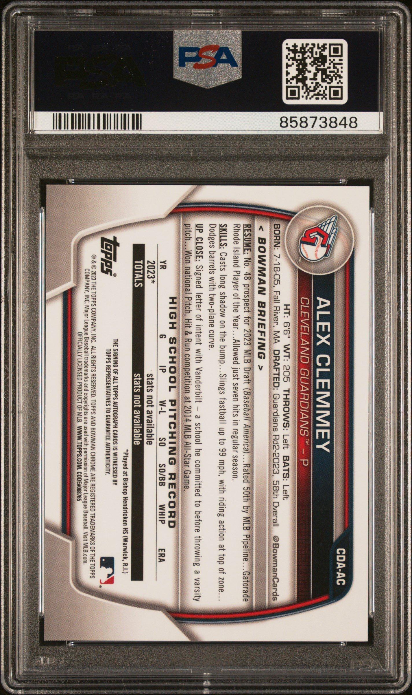 2023 Bowman Draft Chrome Prospect Autograph Cdaac Alex Clemmey PSA 10