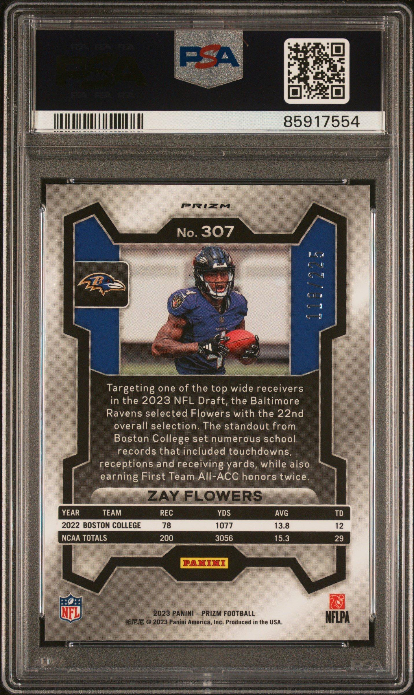 2023 Panini Prizm 307 Zay Flowers Purple Ice PSA 10 Graded Card