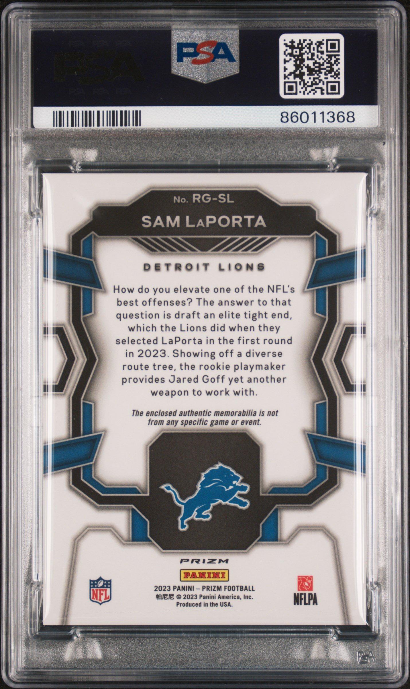 2023 Panini Prizm Rookie Gear Rgsl Sam Laporta PSA 10