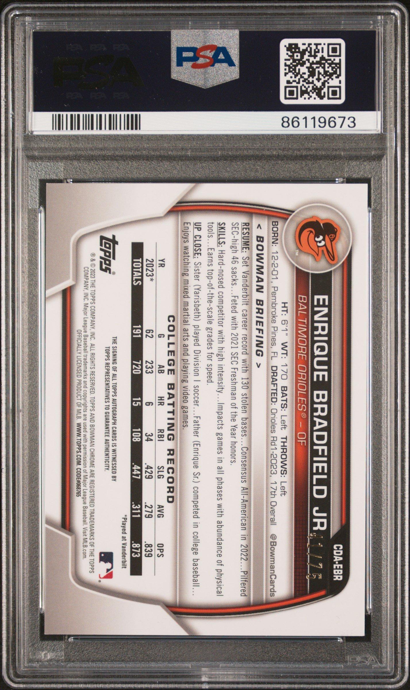 2023 Bowman Draft Chrome Prospect Autograph Cdaebr Enrique Bradfield Jr. Black PSA 10