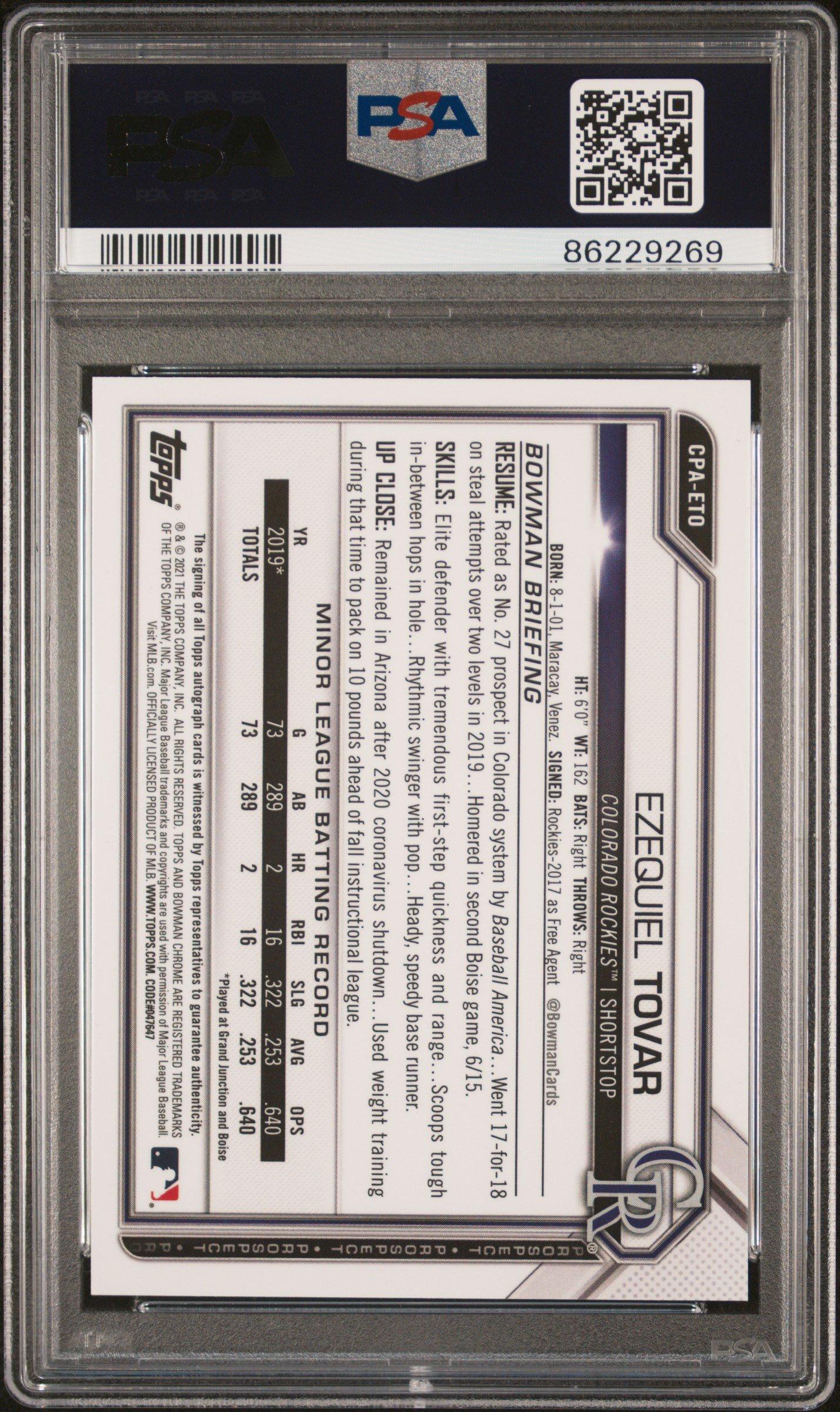 2021 Bowman Chrome Prospect Autographs Cpaeto Ezequiel Tovar PSA 10