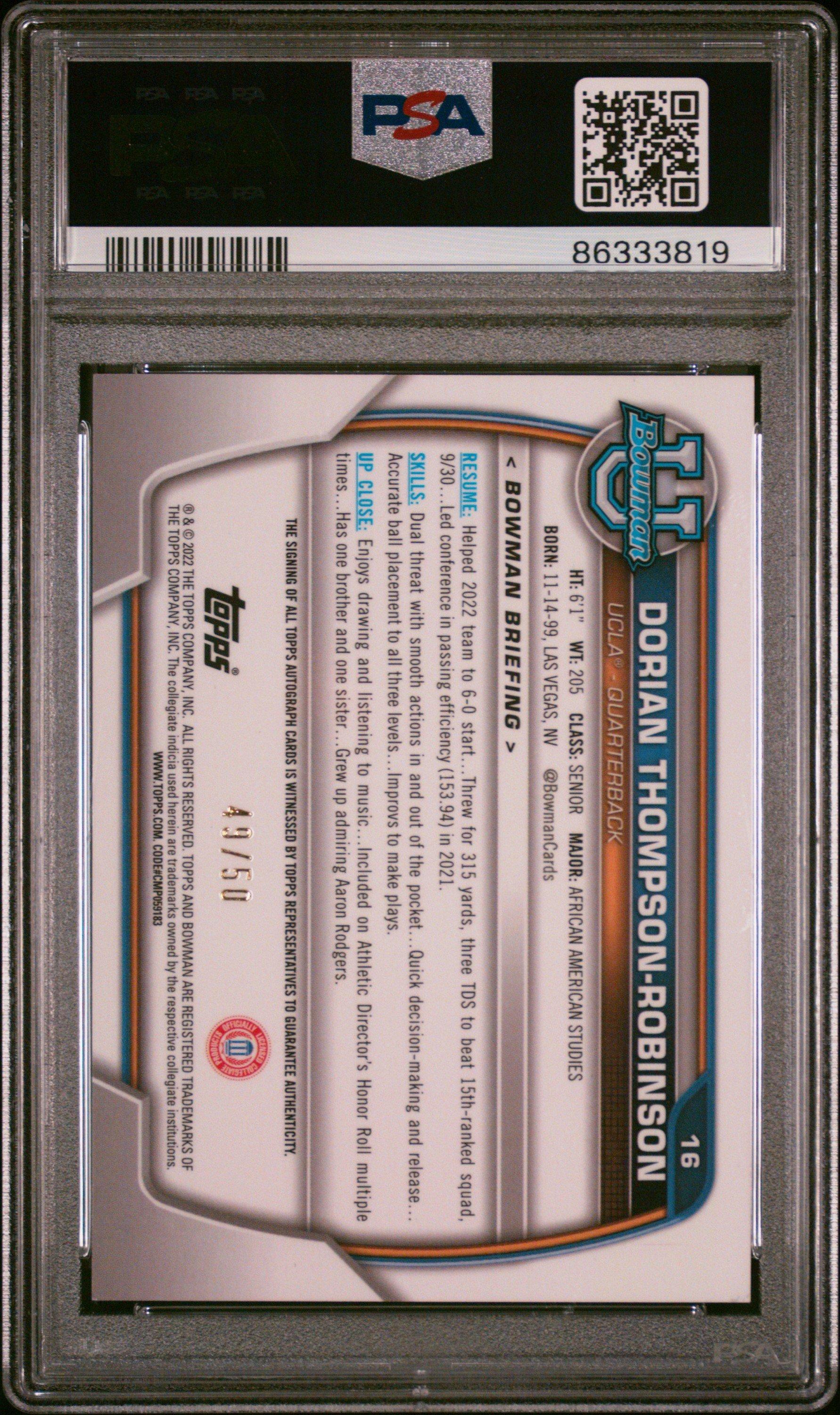 2022 Bowman University Chrome Prospects 16 Dorian Thompson-robinson Autograph-gold Lava Refractor PSA 10