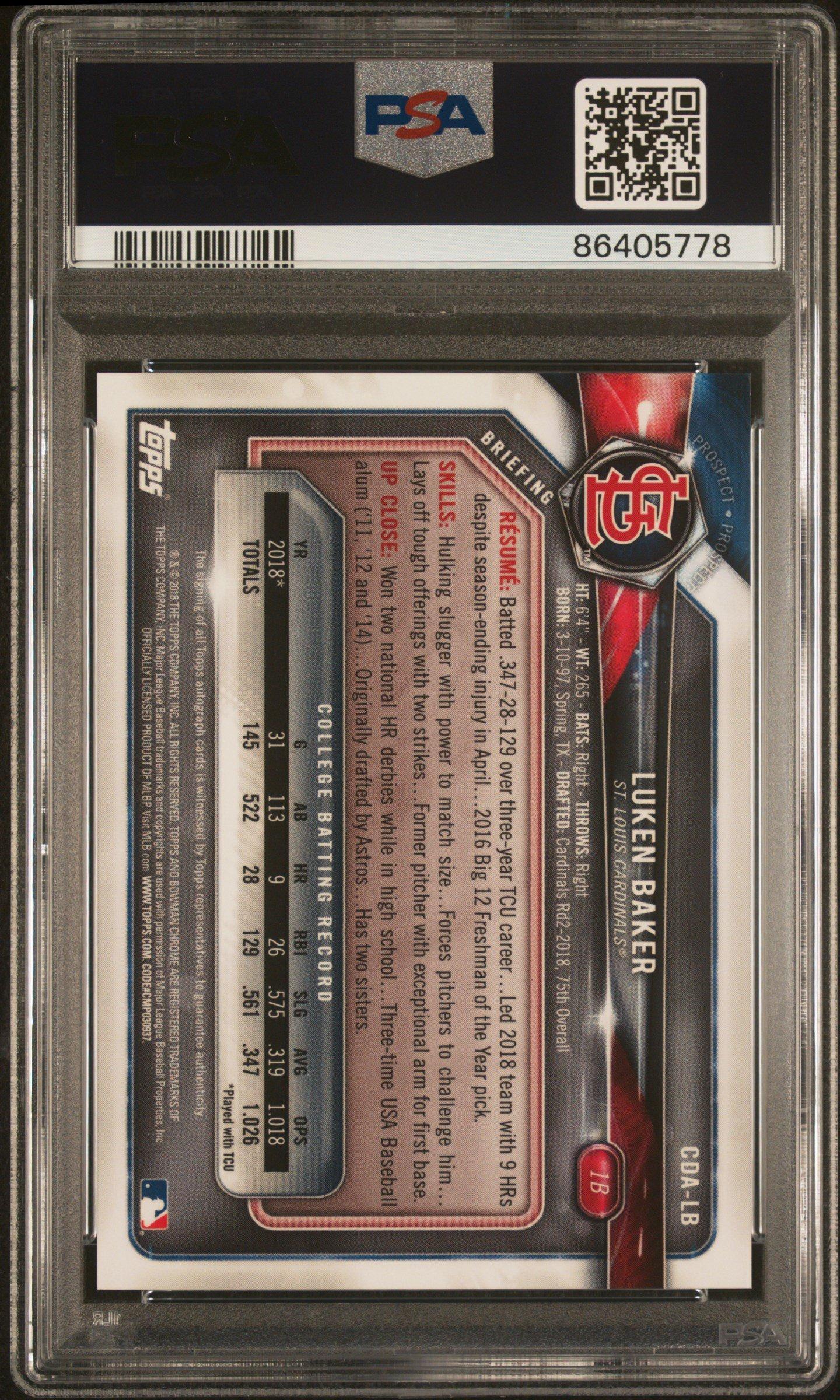 2018 Bowman Draft Chrome Draft Picks Autographs Cdalb Luken Baker Blue Wave Refractor PSA 10