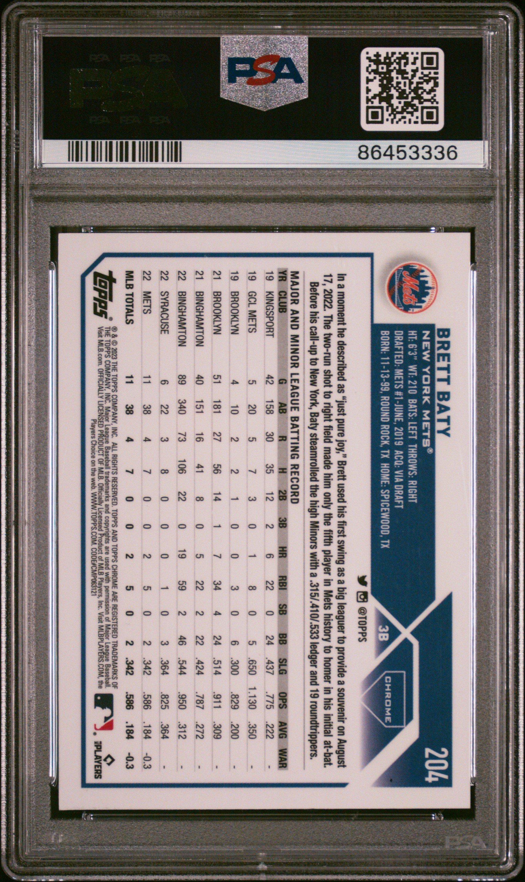2023 Topps Chrome 204 Brett Baty Blue Sonar Refractor PSA 9