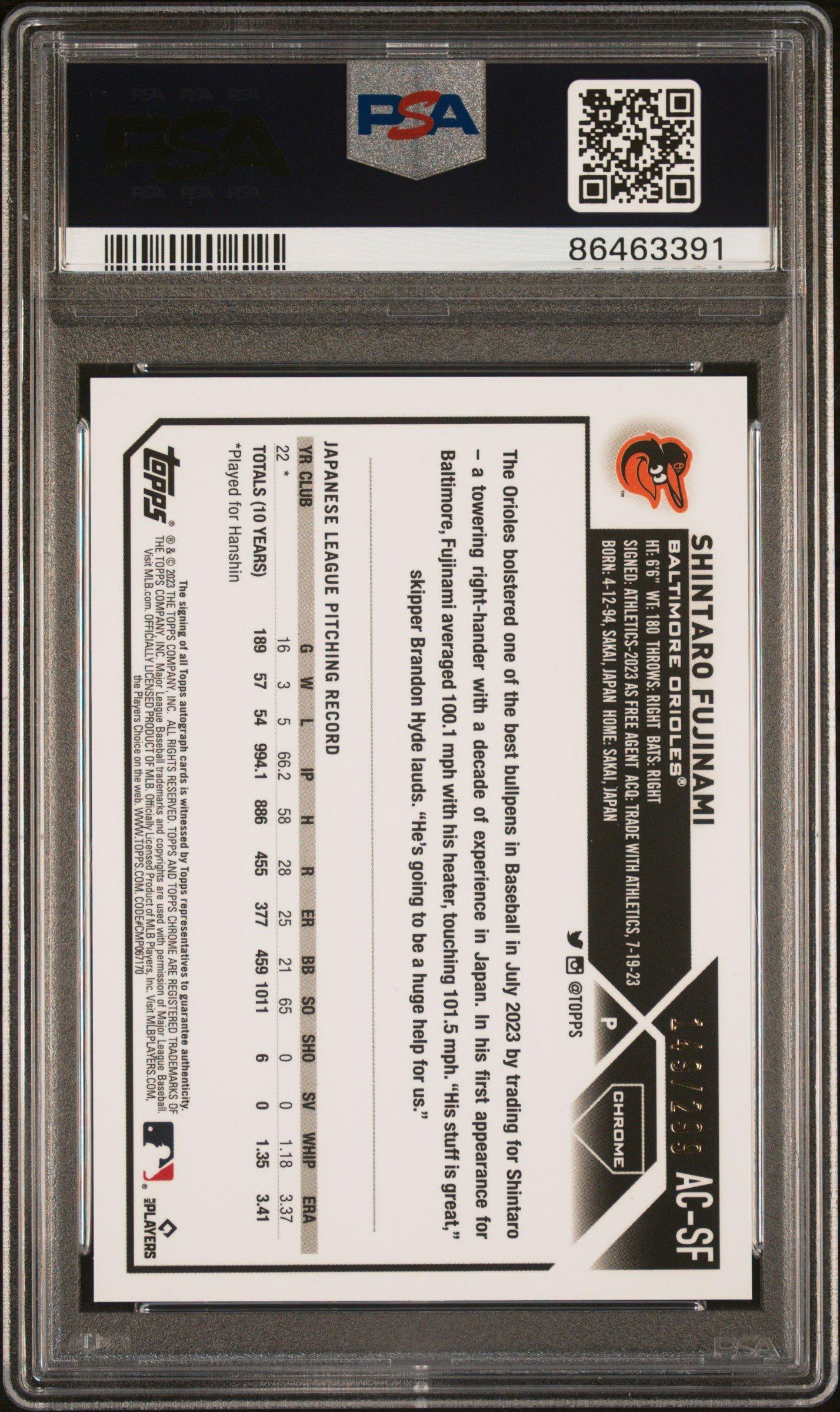 2023 Topps Chrome Update Autograph Acsf Shintaro Fujinami Purple Speckle Refractor PSA 10