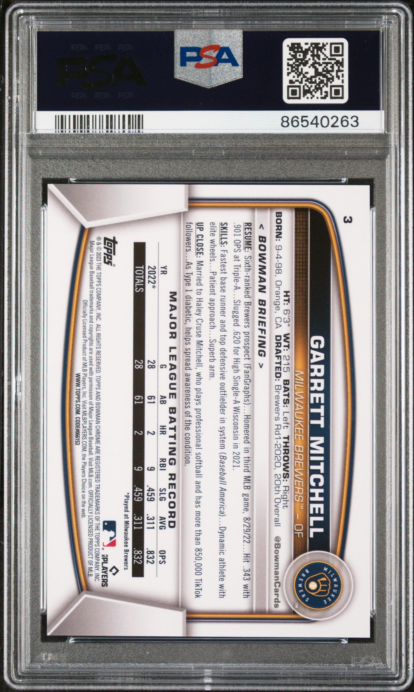 2023 Bowman Chrome Sapphire Edition 3 Garrett Mitchell Purple PSA 10