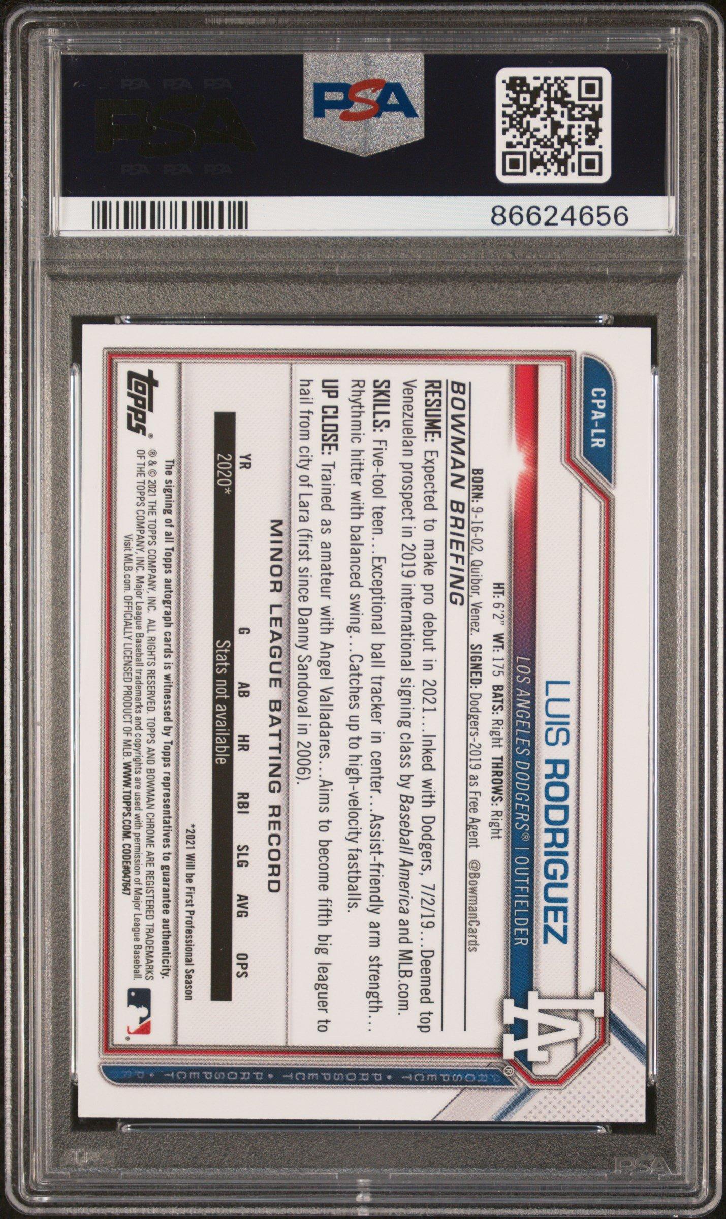 2021 Bowman Chrome Prospect Autographs Cpalr Luis Rodriguez PSA 10