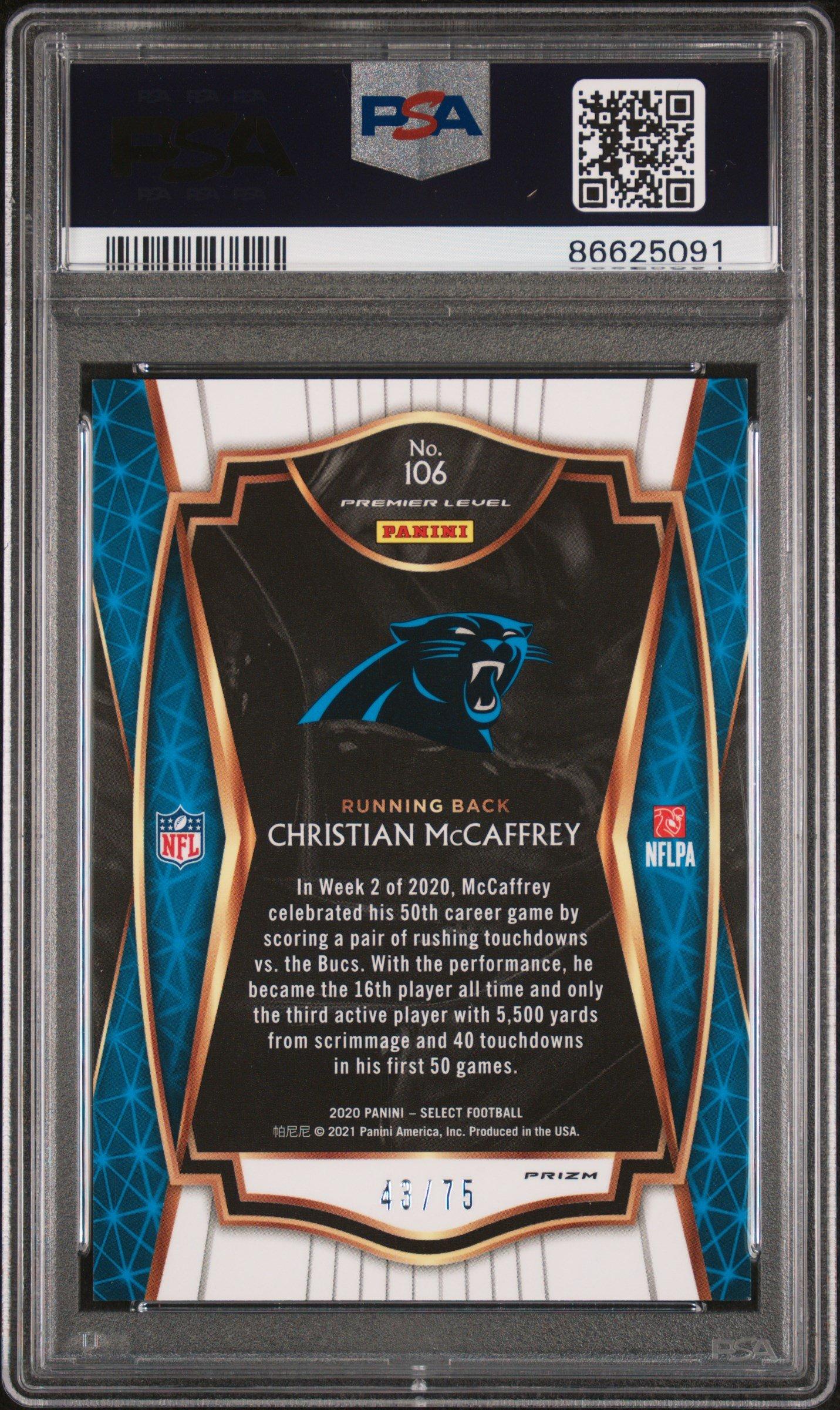 2020 Panini Select 106 Christian Mccaffrey Purple Prizm PSA 10