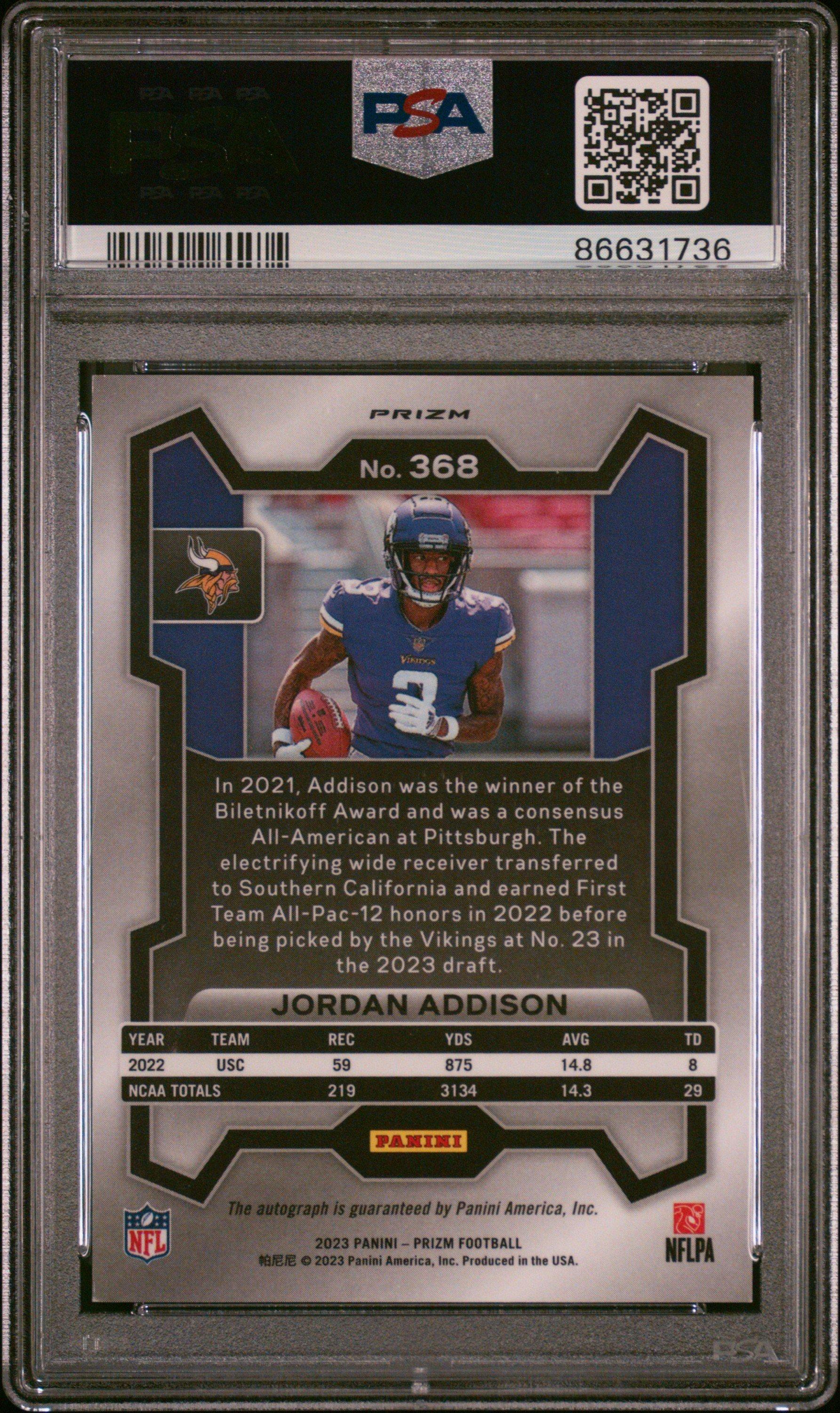 2023 Panini Prizm 368 Jordan Addison Autograph PSA 9