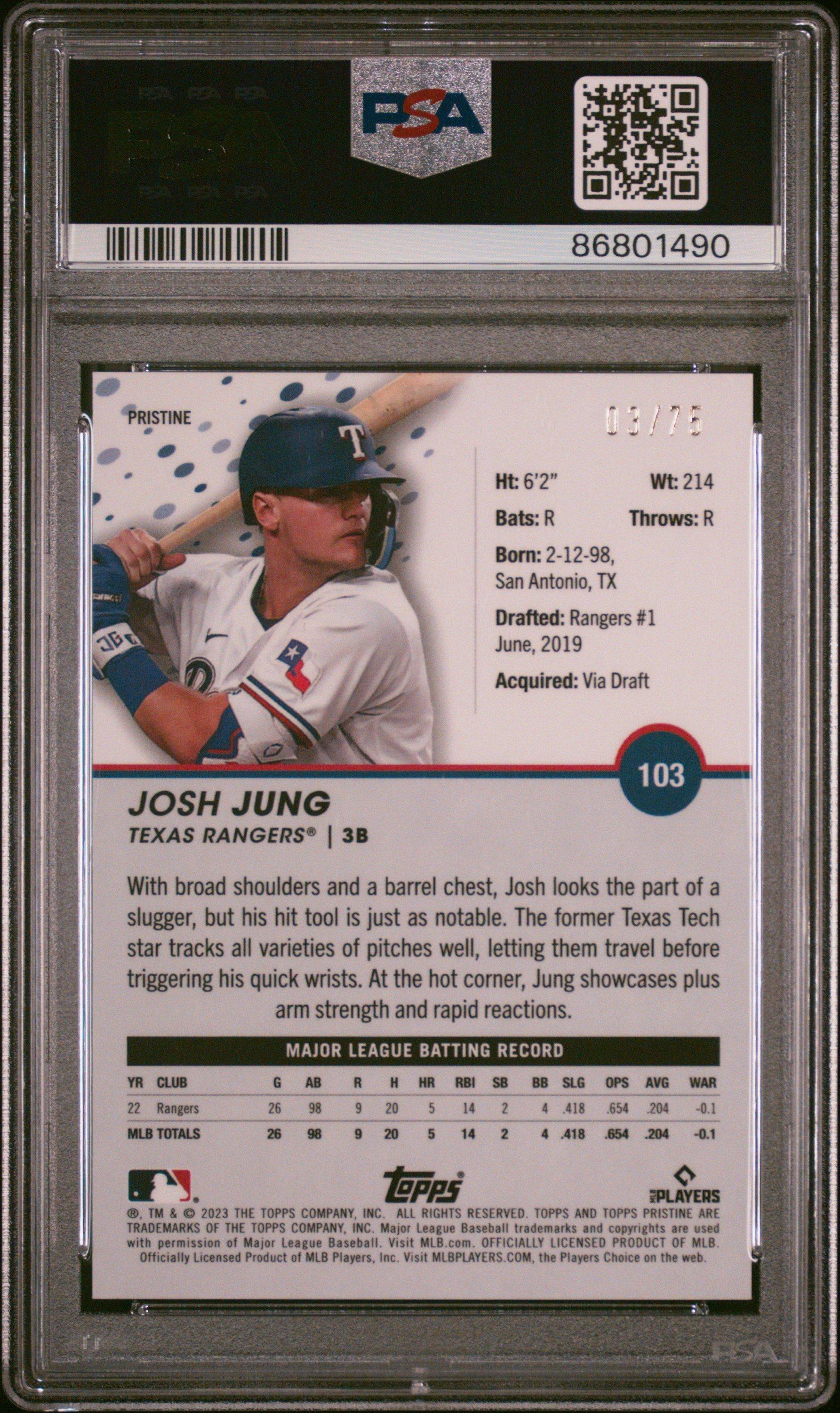 2023 Topps Pristine 103 Josh Jung Pristine Blue PSA 10