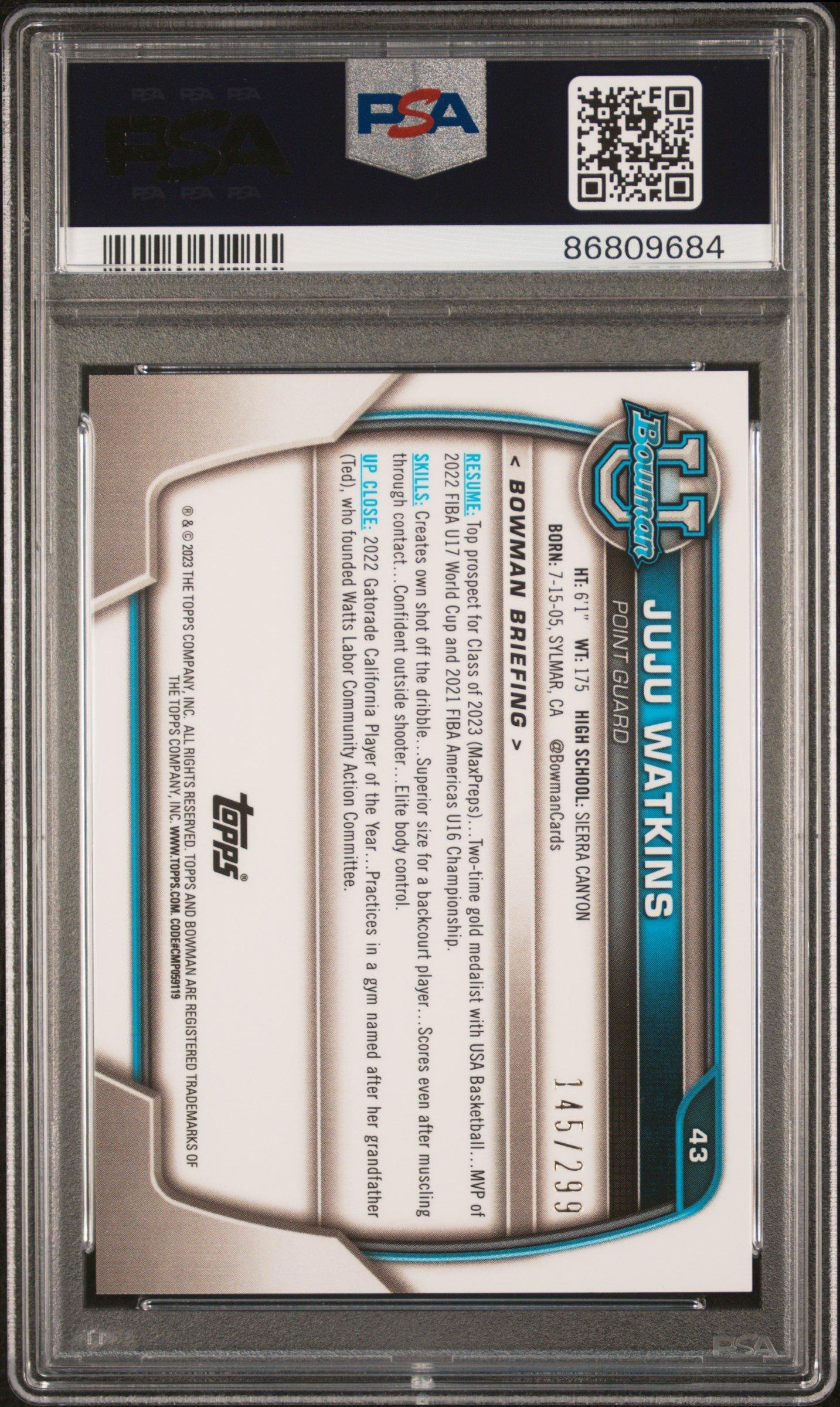 2022 Bowman Chrome University 43 Juju Watkins Aqua Refractor PSA 10