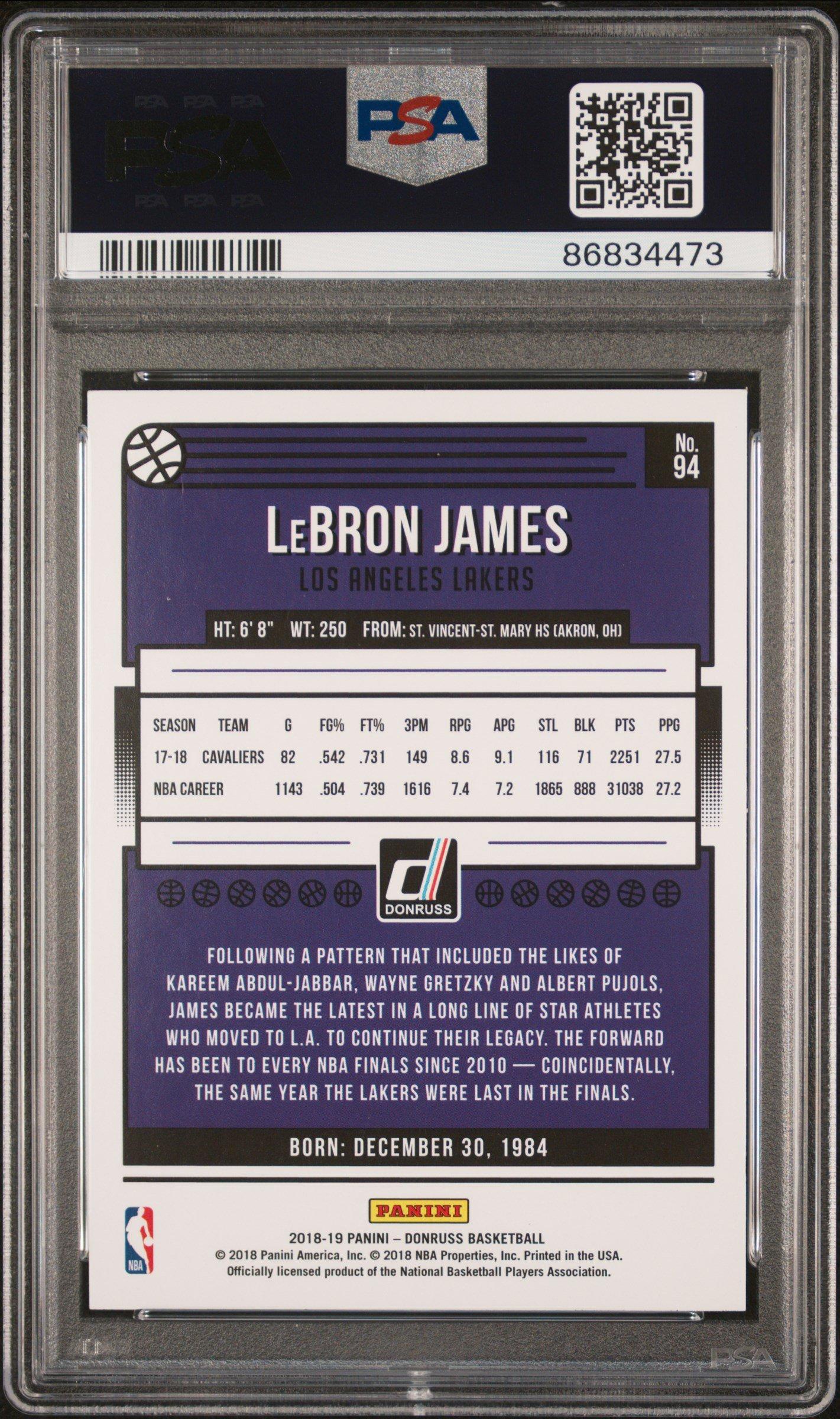 2018 Panini Donruss 94 Lebron James PSA 10