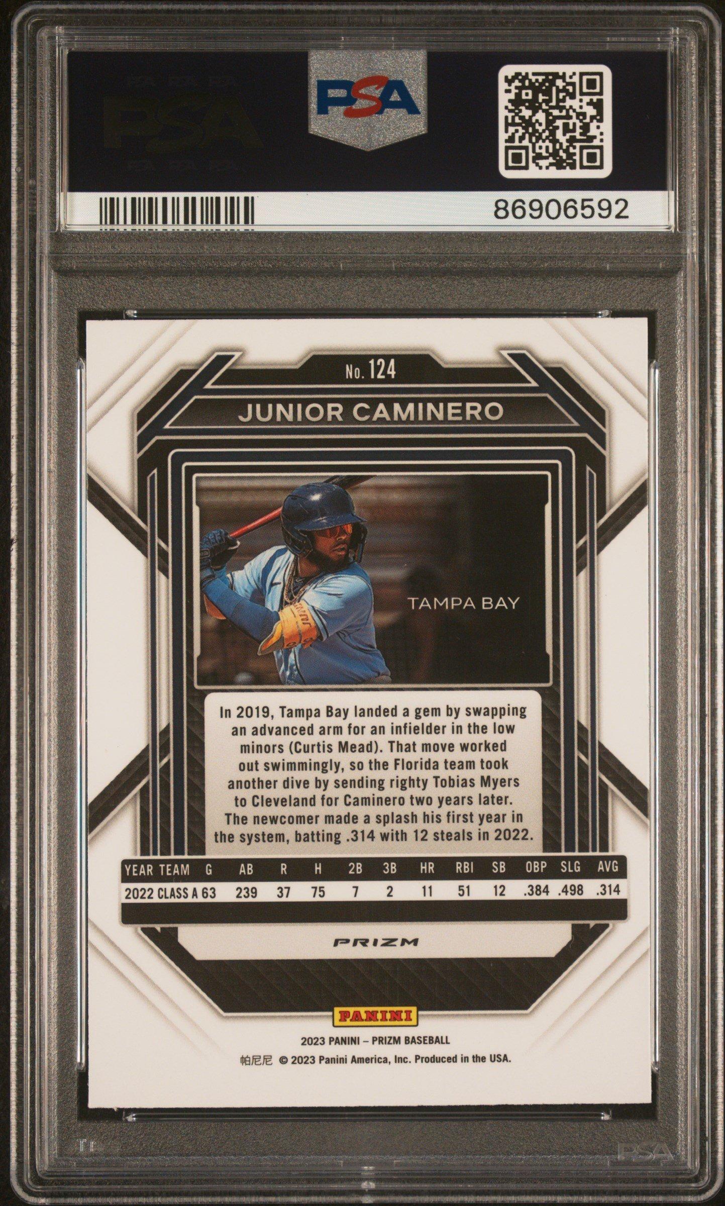 2023 Panini Prizm 124 Junior Caminero Green Ice PSA 10