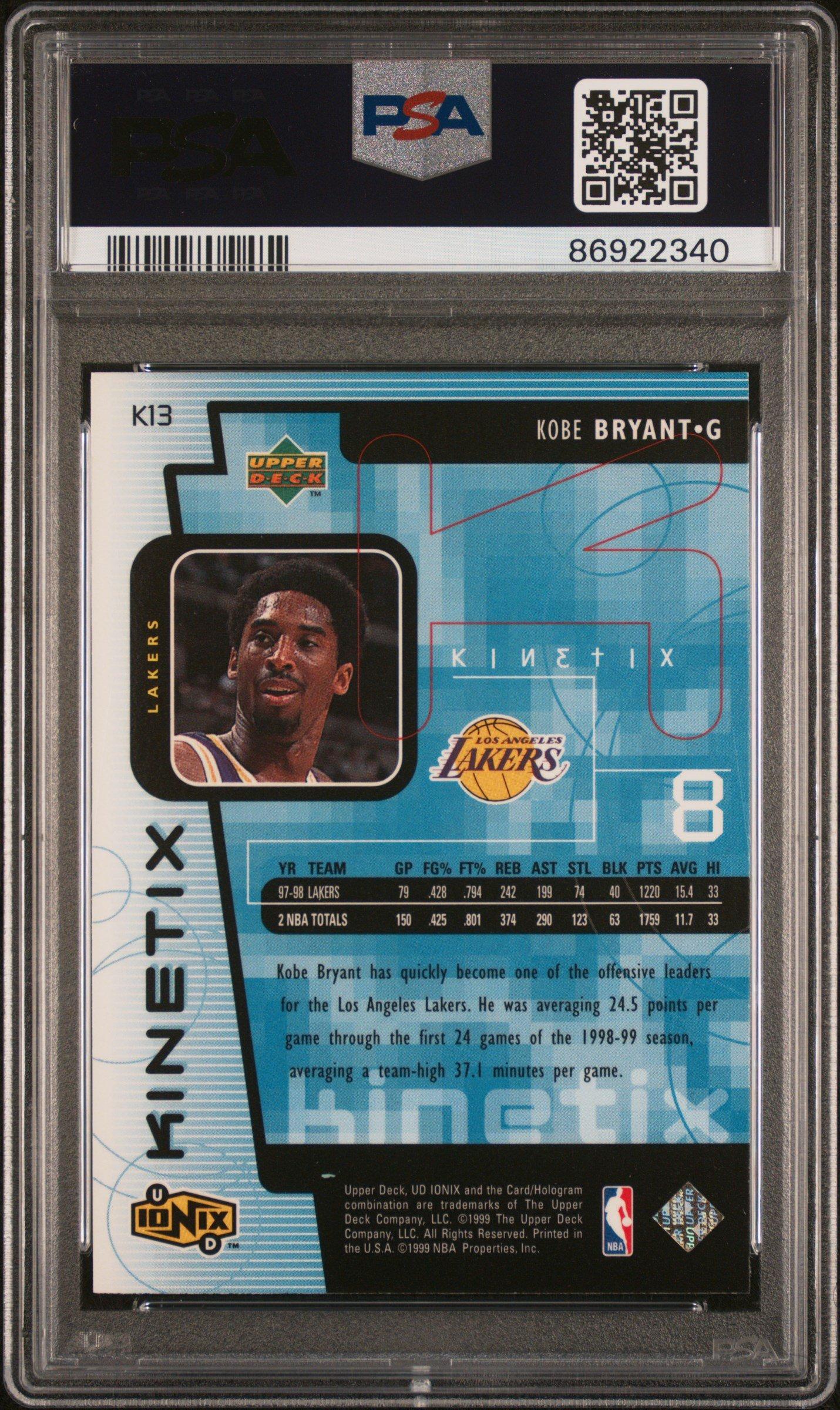 1998 Upper Deck Ionix Kinetix K13 Kobe Bryant PSA 9 Graded Card