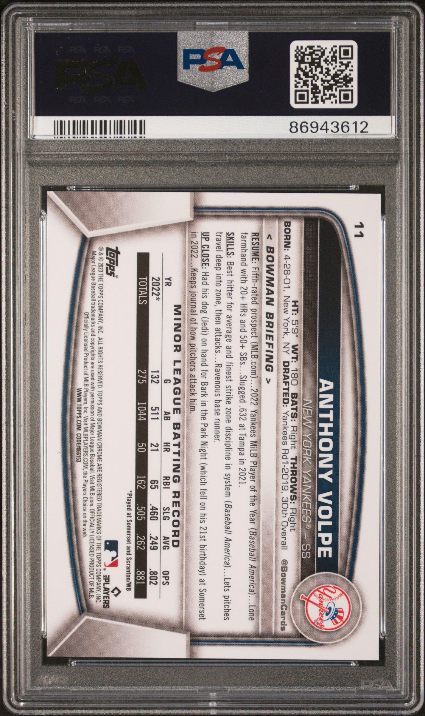 2023 Bowman Chrome Sapphire Edition 11 Anthony Volpe Aqua PSA 10