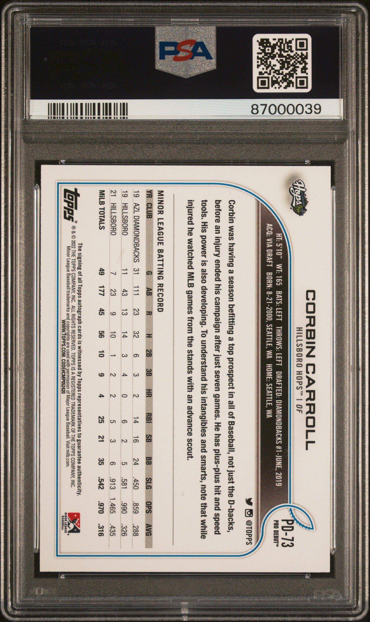 2022 Topps Pro Debut Pd73 Corbin Carroll Autograph PSA 10