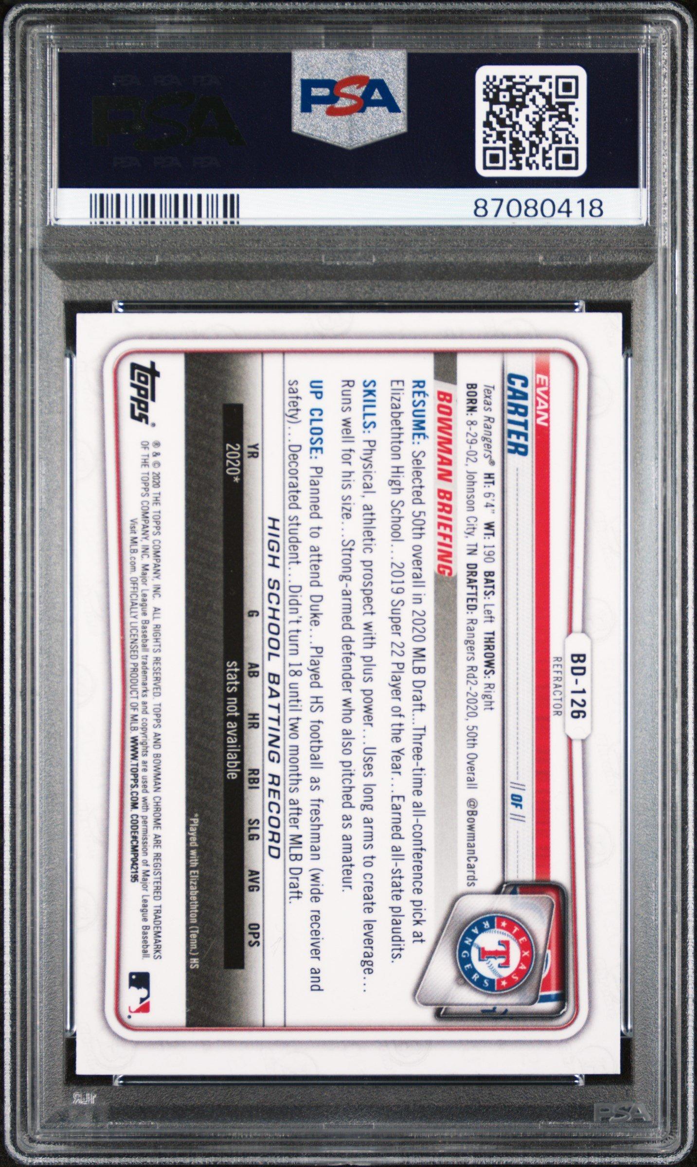 2020 Bowman Draft Bd126 Evan Carter Chrome-refractor PSA 10