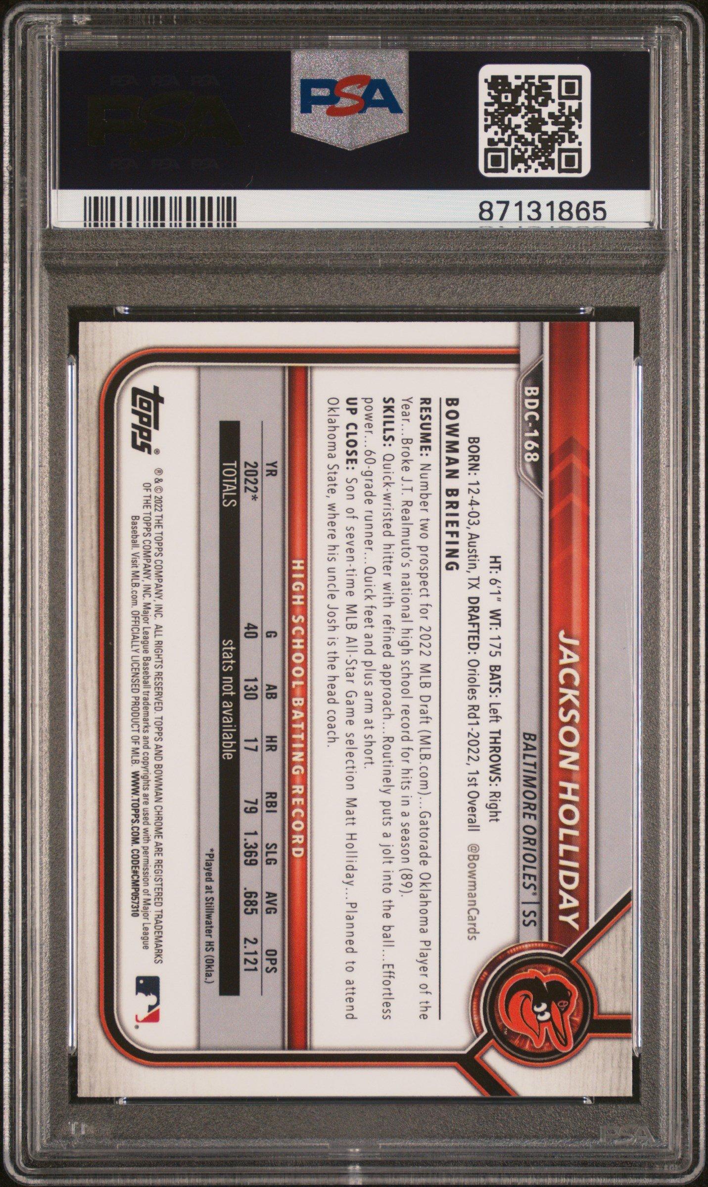 2022 Bowman Draft Bdc168 Jackson Holliday Chrome-black & White Raywave Refractor PSA 10