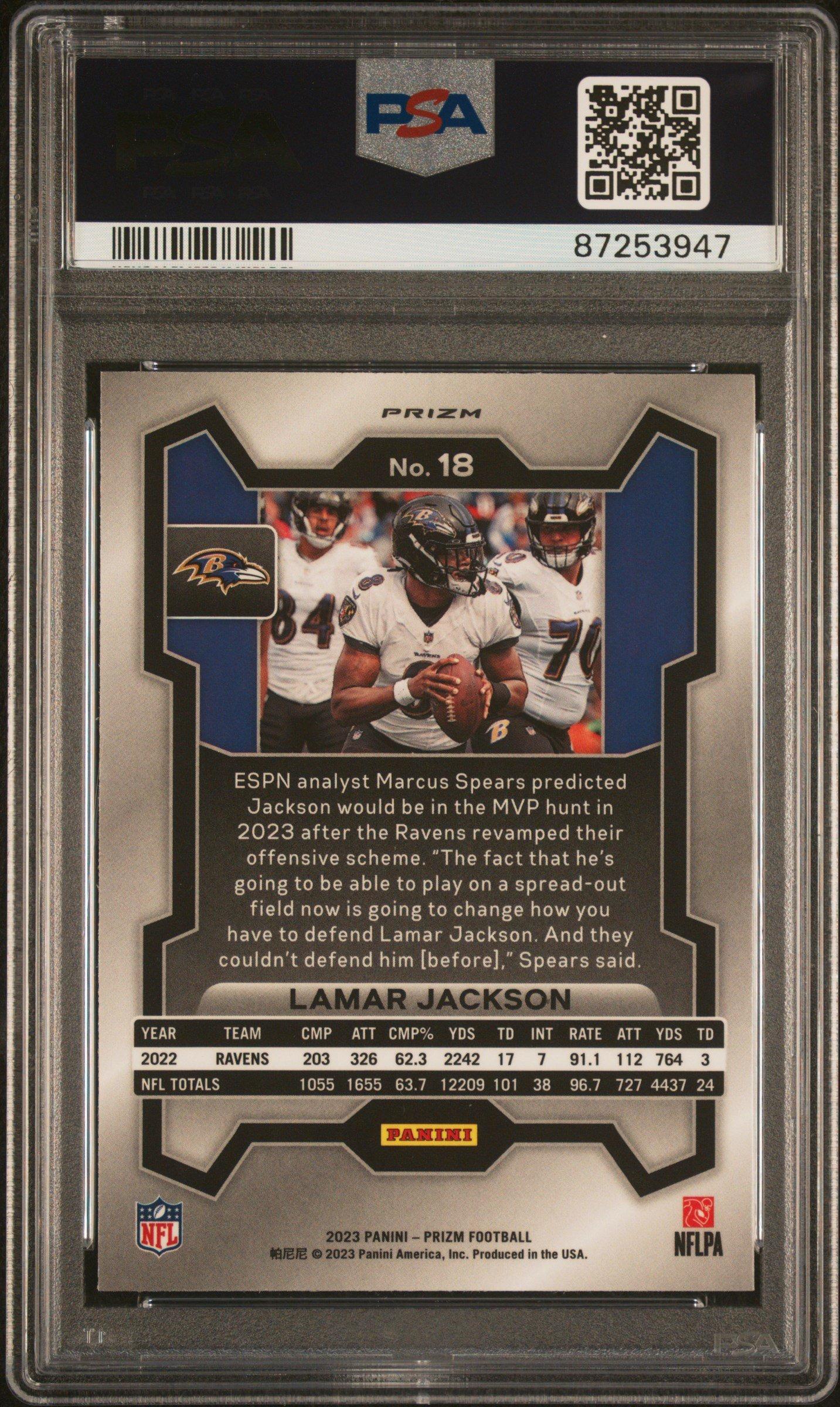 2023 Panini Prizm 18 Lamar Jackson Silver Prizm PSA 10