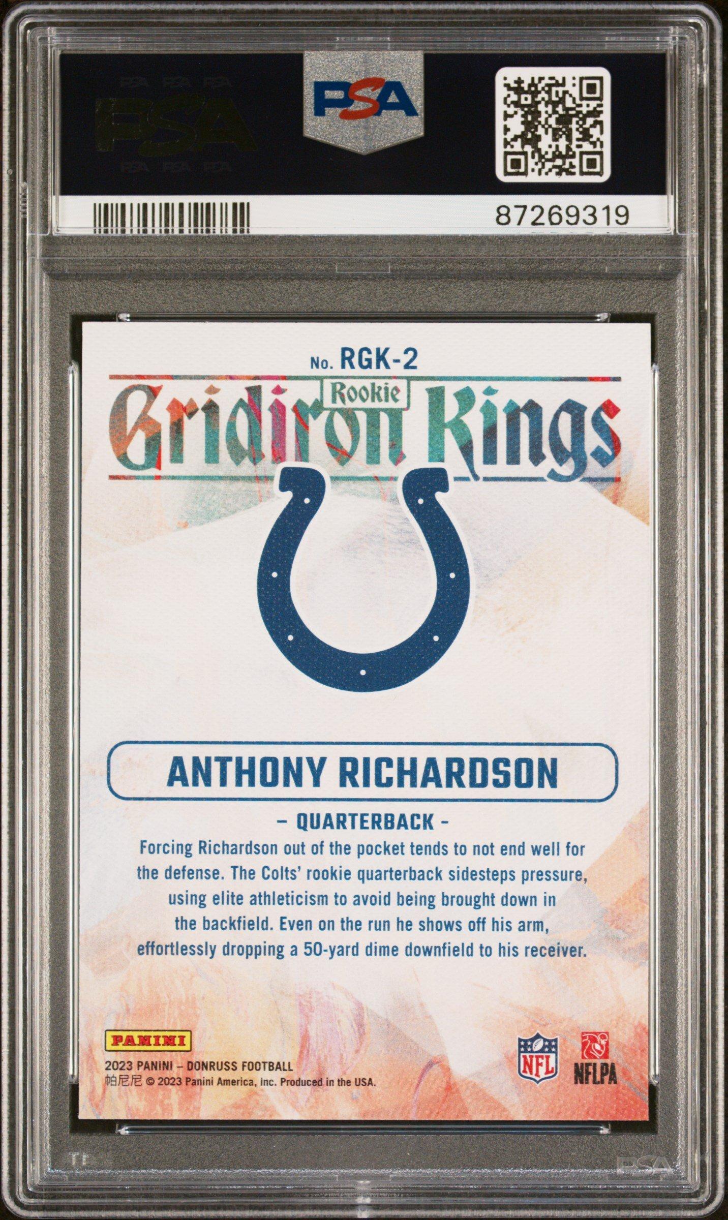2023 Panini Donruss Rookie Gridiron Kings Rgk2 Anthony Richardson PSA 10