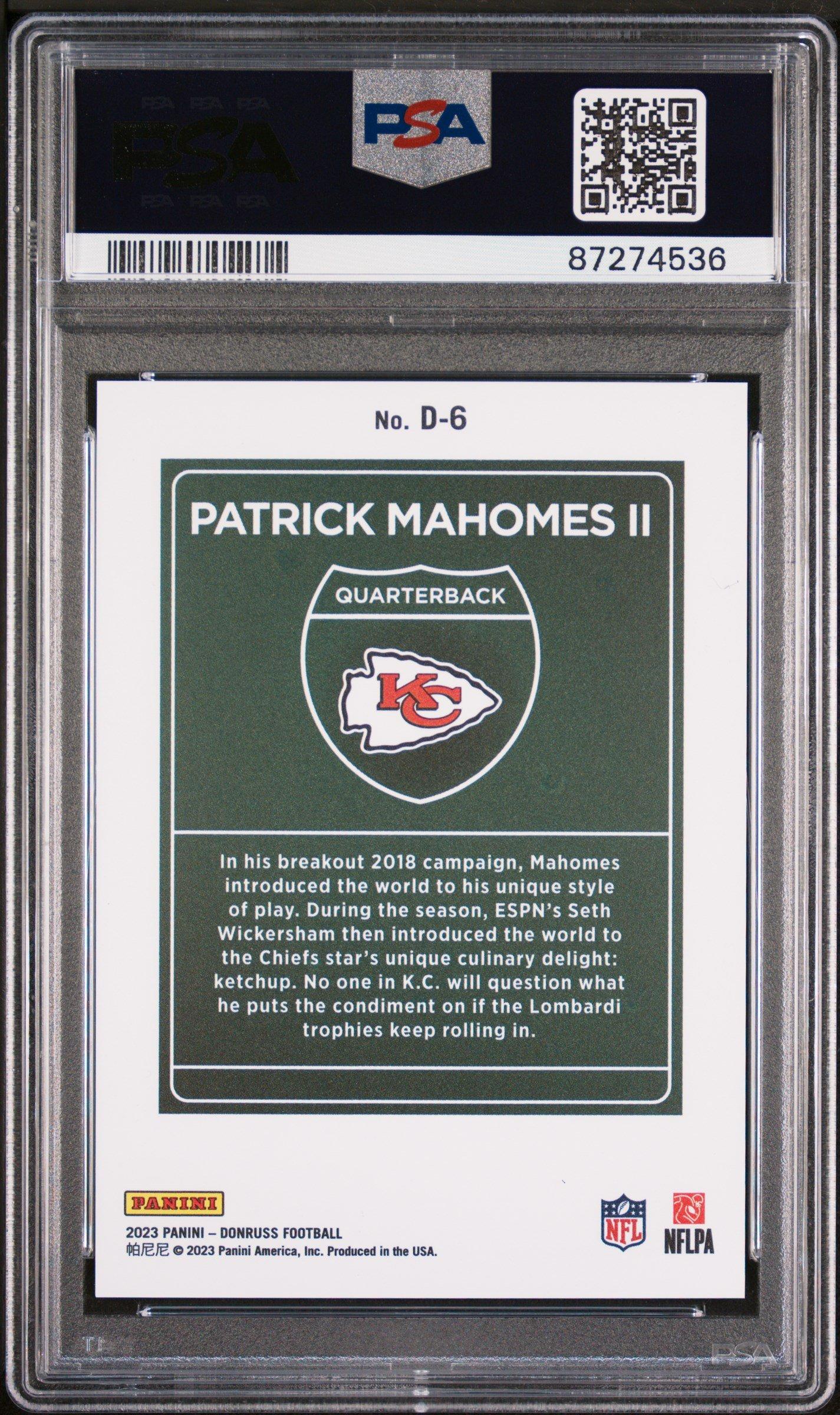 2023 Panini Donruss Downtown! D6 Patrick Mahomes Ii PSA 9